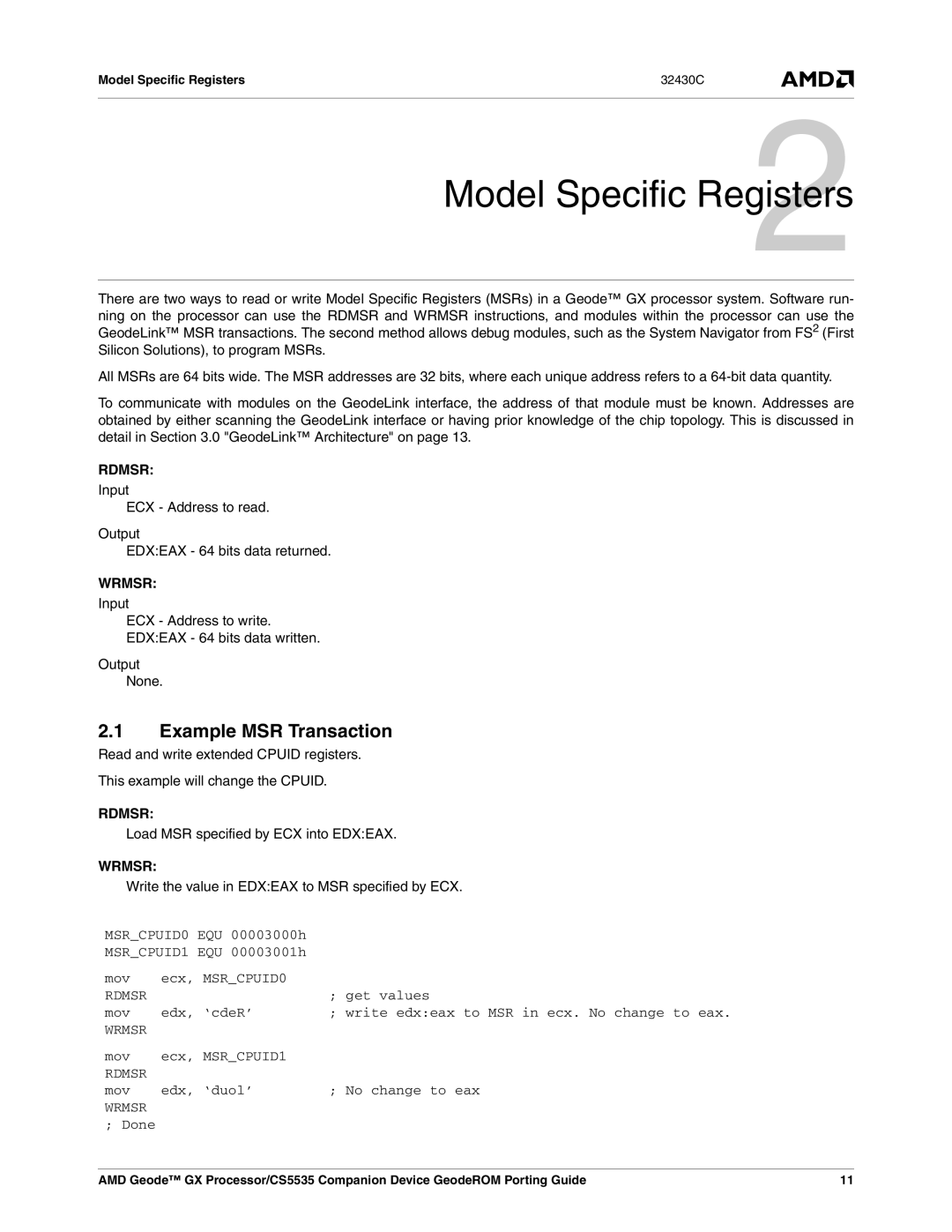 AMD CS5535 manual Model Specific Registers2, Example MSR Transaction, Load MSR specified by ECX into Edxeax 