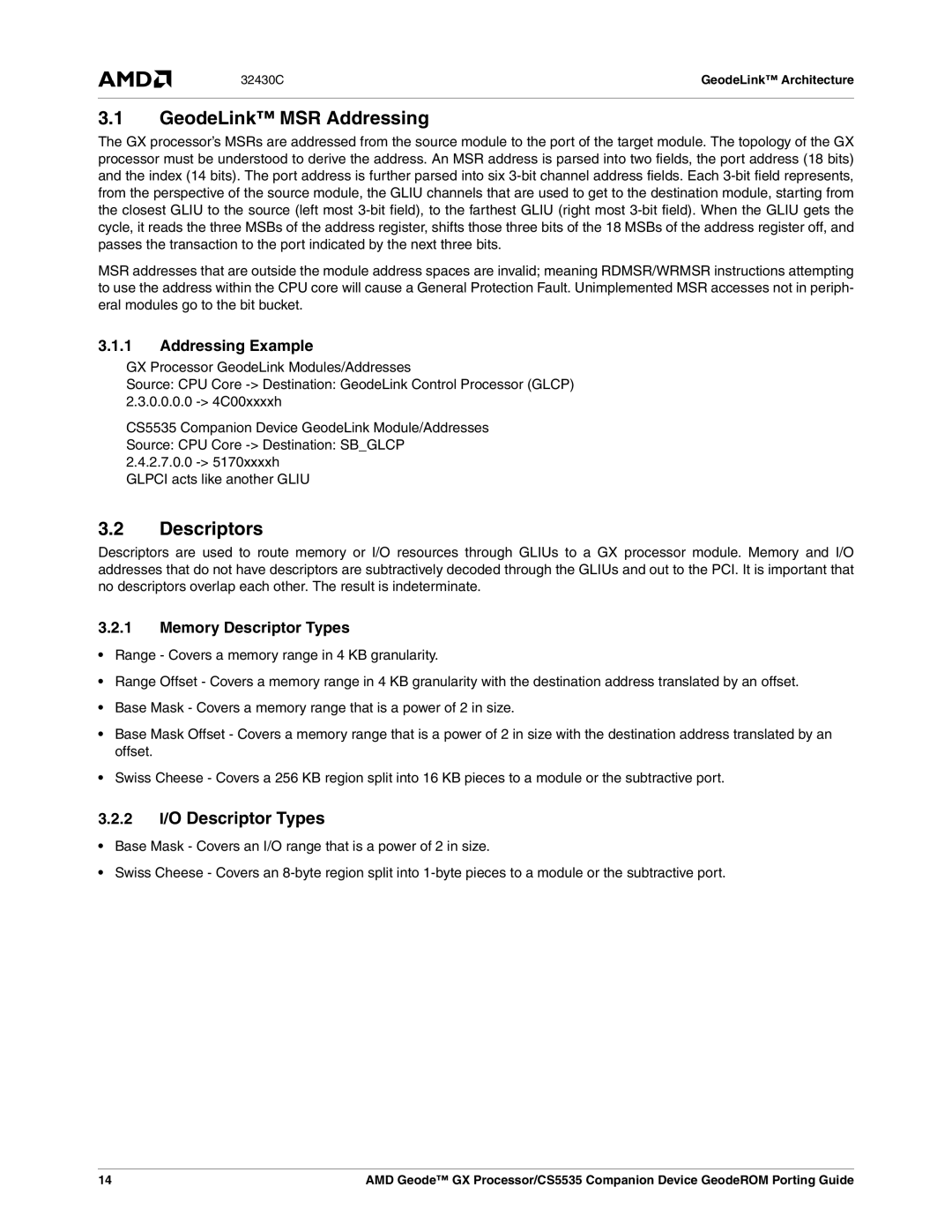 AMD CS5535 manual GeodeLink MSR Addressing, Descriptors, Addressing Example, Memory Descriptor Types 