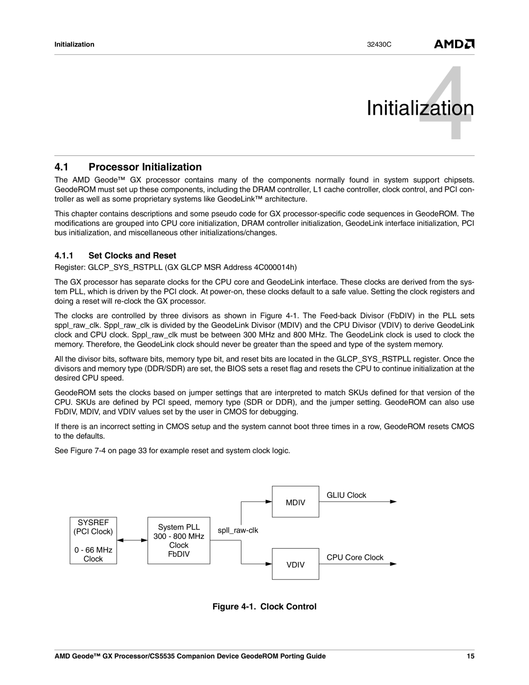 AMD CS5535 manual Processor Initialization, Set Clocks and Reset, Sysref, Mdiv Vdiv 