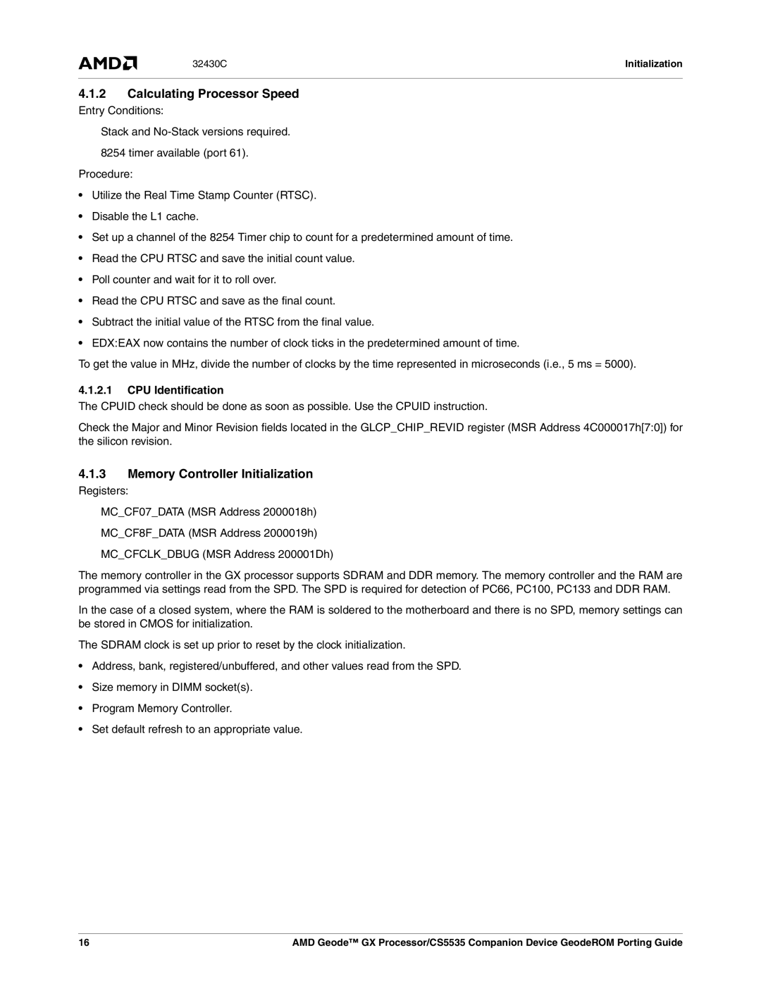 AMD CS5535 manual Calculating Processor Speed, Memory Controller Initialization, CPU Identification 