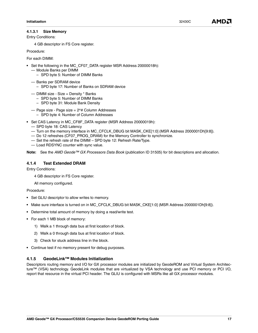 AMD CS5535 manual Test Extended Dram, GeodeLink Modules Initialization, Size Memory 