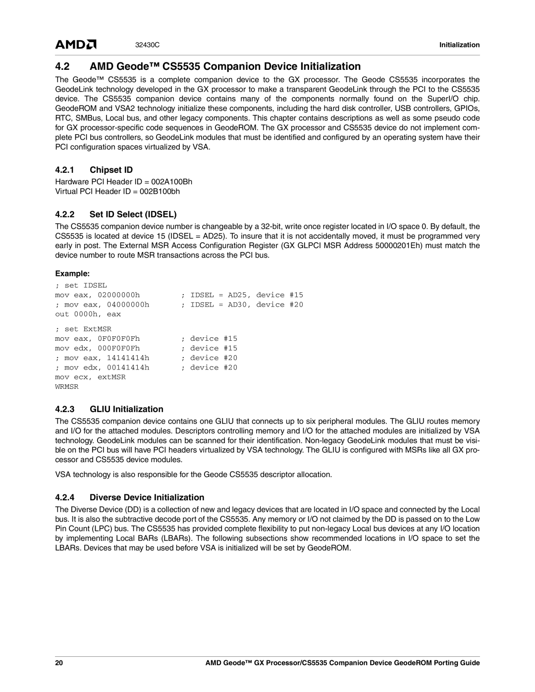 AMD manual AMD Geode CS5535 Companion Device Initialization, Chipset ID, Set ID Select Idsel, Gliu Initialization 