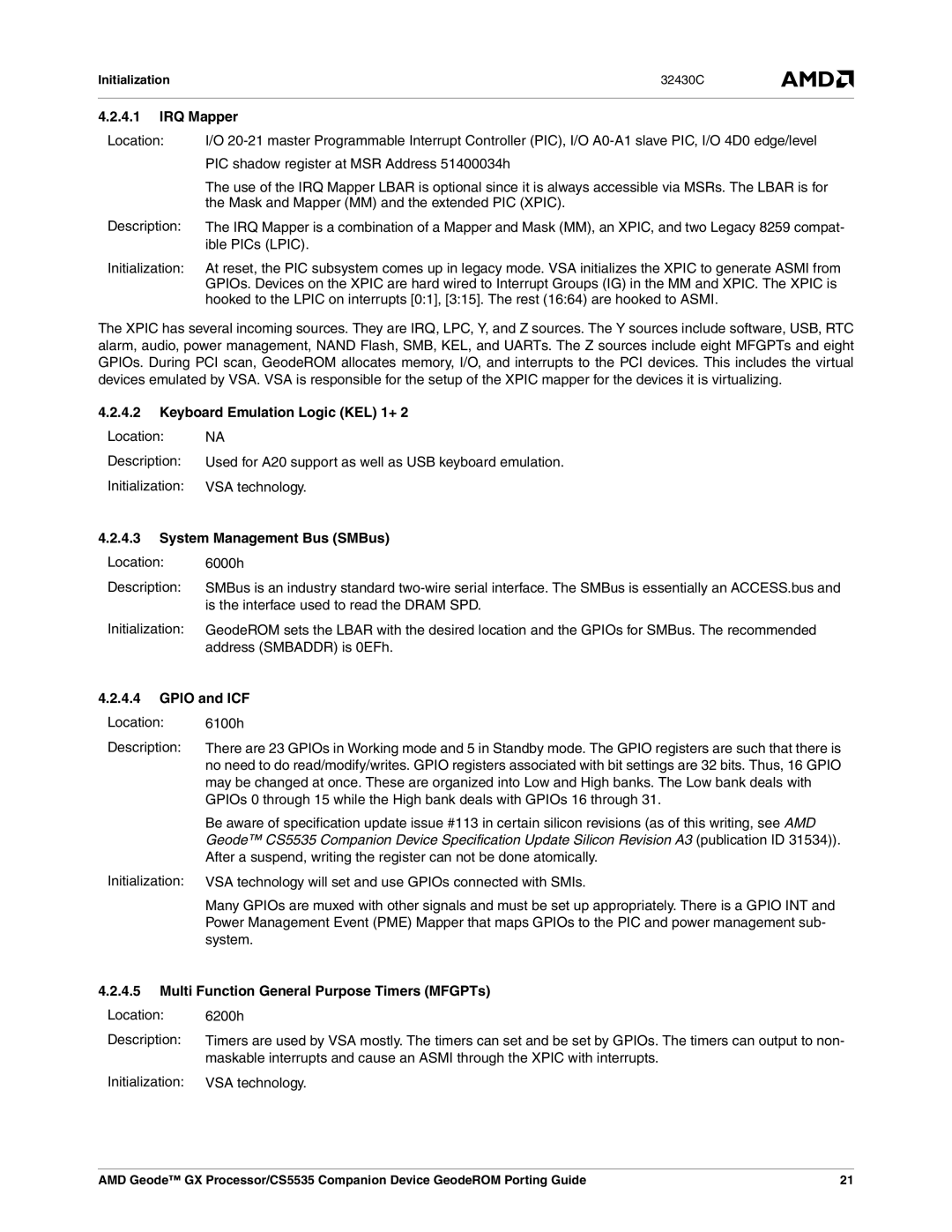 AMD CS5535 manual IRQ Mapper, Keyboard Emulation Logic KEL 1+, System Management Bus SMBus, Gpio and ICF 