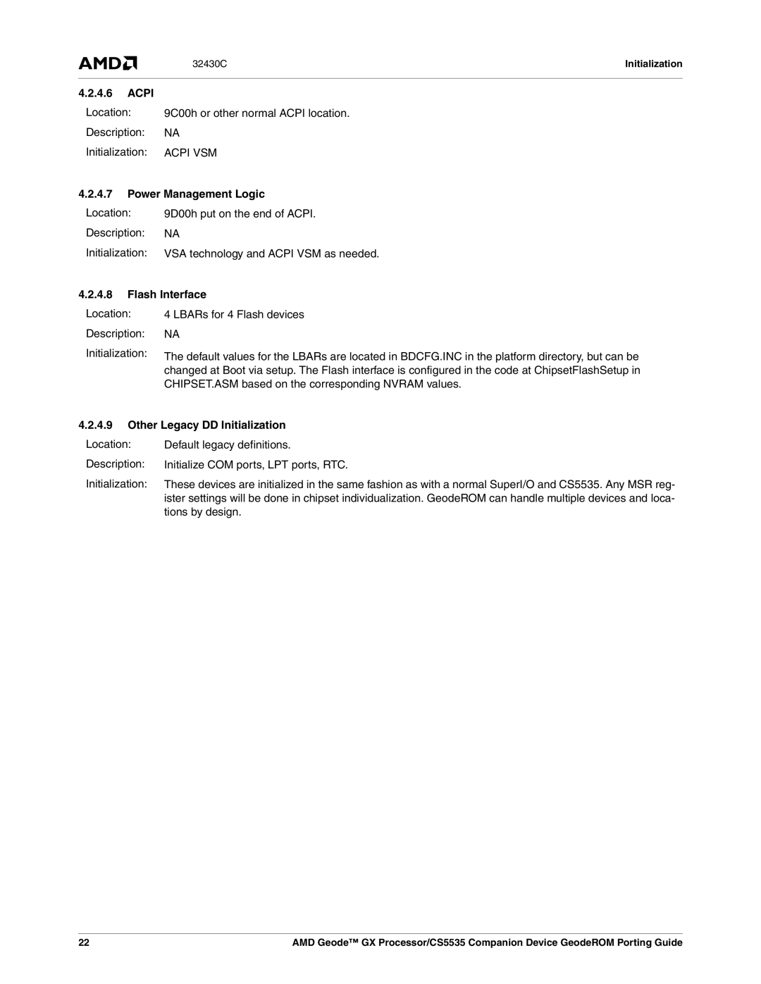 AMD CS5535 manual Acpi, Power Management Logic, Flash Interface, Other Legacy DD Initialization 