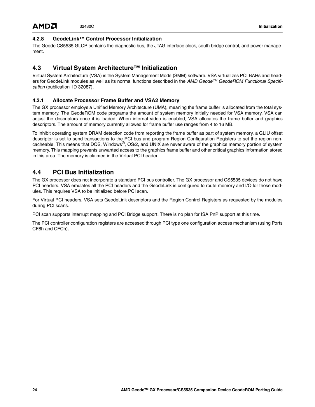 AMD CS5535 Virtual System Architecture Initialization, PCI Bus Initialization, GeodeLink Control Processor Initialization 