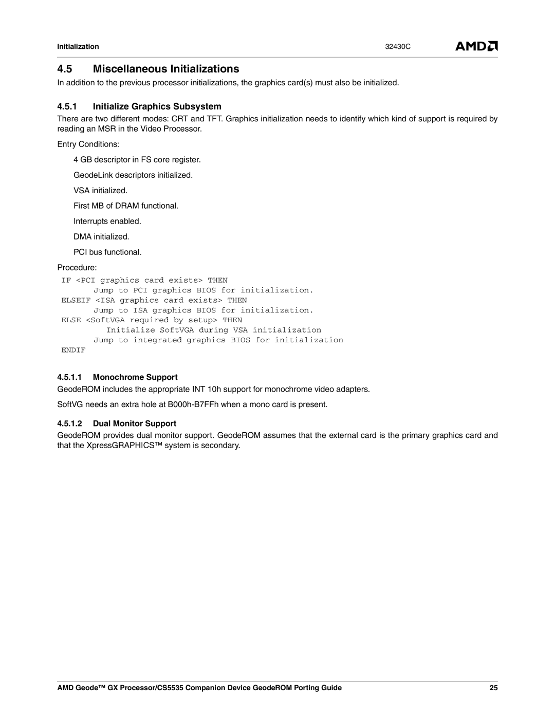 AMD CS5535 manual Miscellaneous Initializations, Initialize Graphics Subsystem, Monochrome Support, Dual Monitor Support 