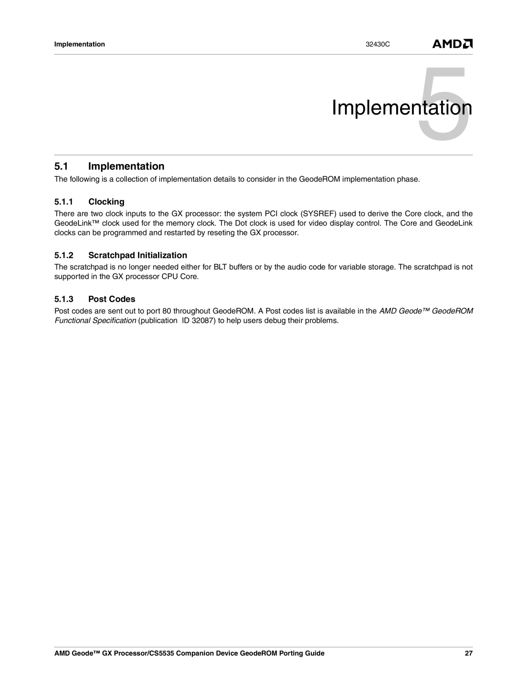 AMD CS5535 manual Implementation5, Clocking, Scratchpad Initialization, Post Codes 