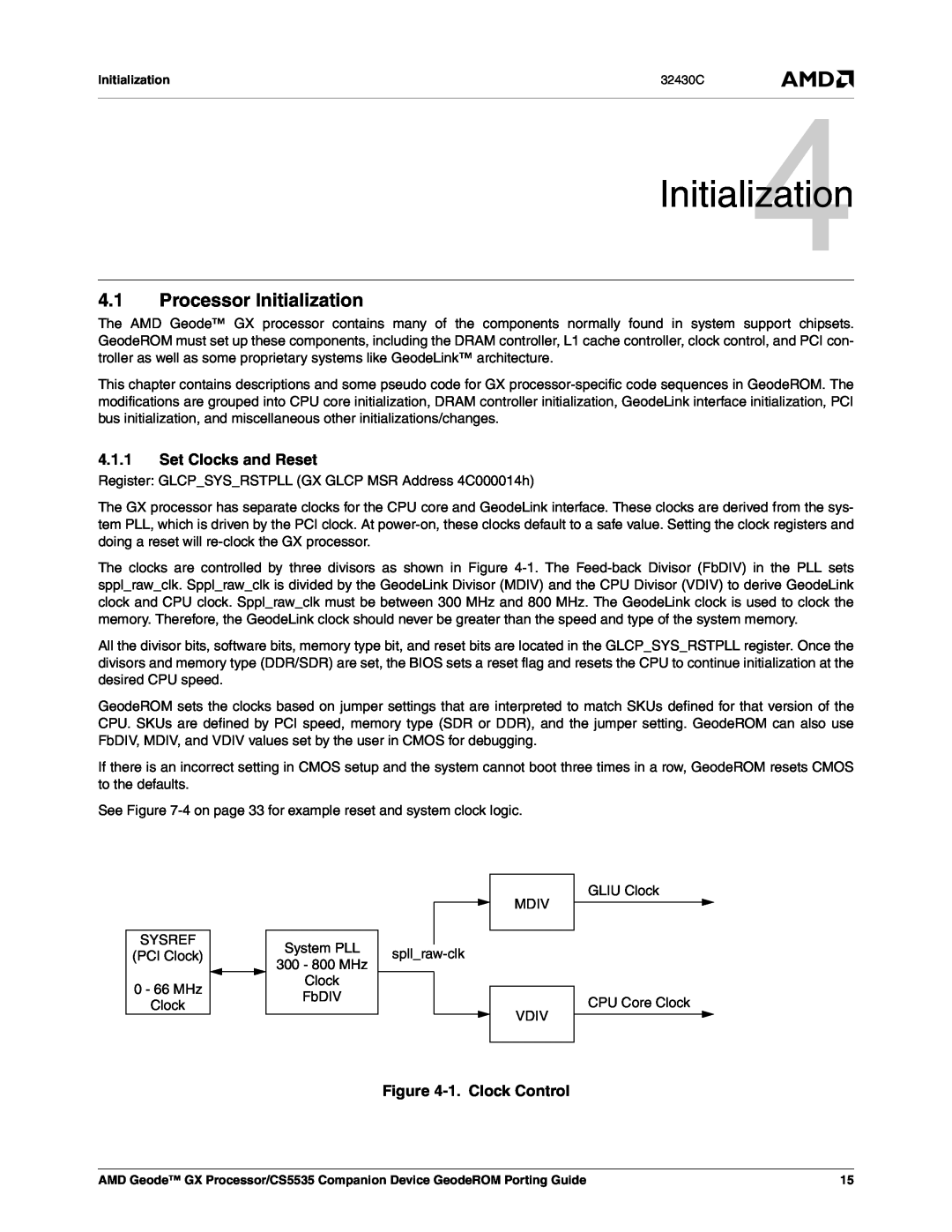 AMD CS5535 manual Initialization4, Processor Initialization, Set Clocks and Reset, 1. Clock Control 