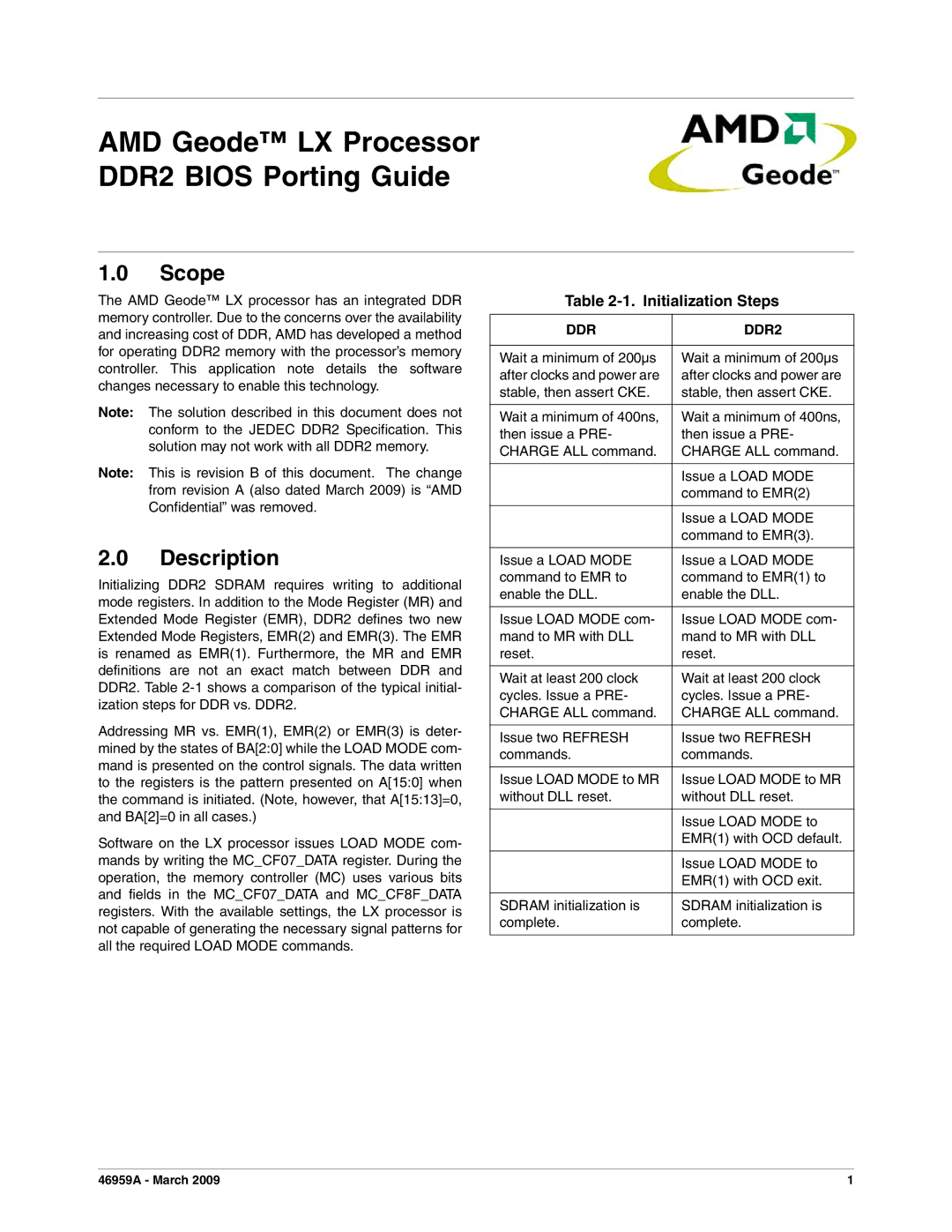 AMD CS5536 manual Scope, Description, Initialization Steps, DDR DDR2 