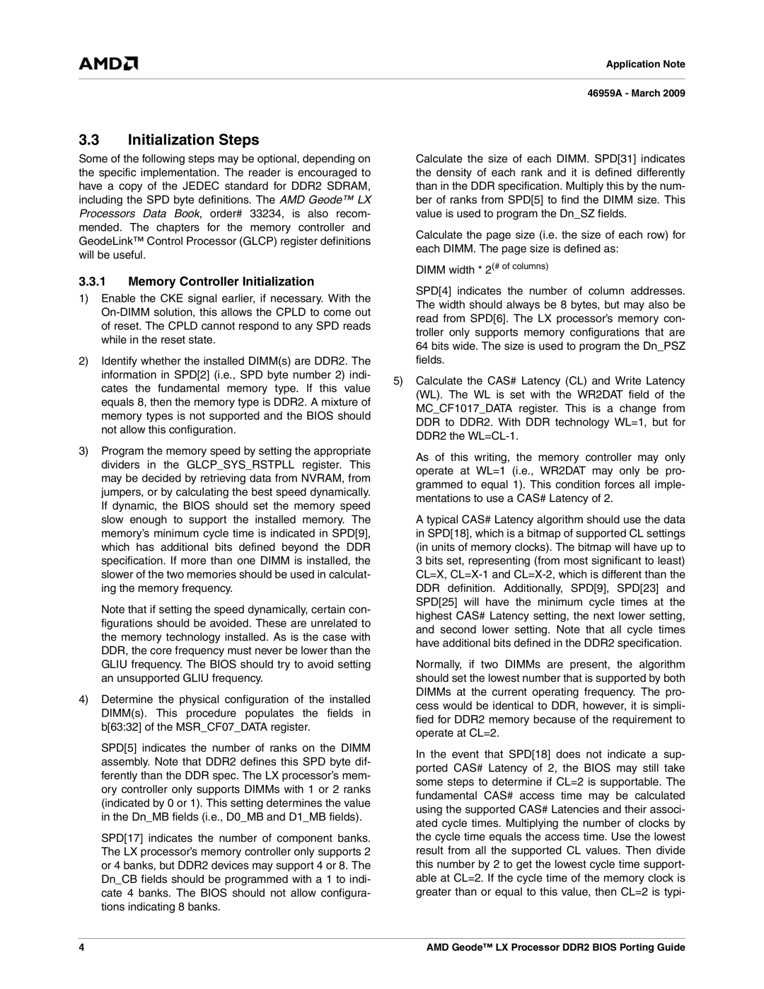 AMD CS5536 manual Initialization Steps, Memory Controller Initialization 