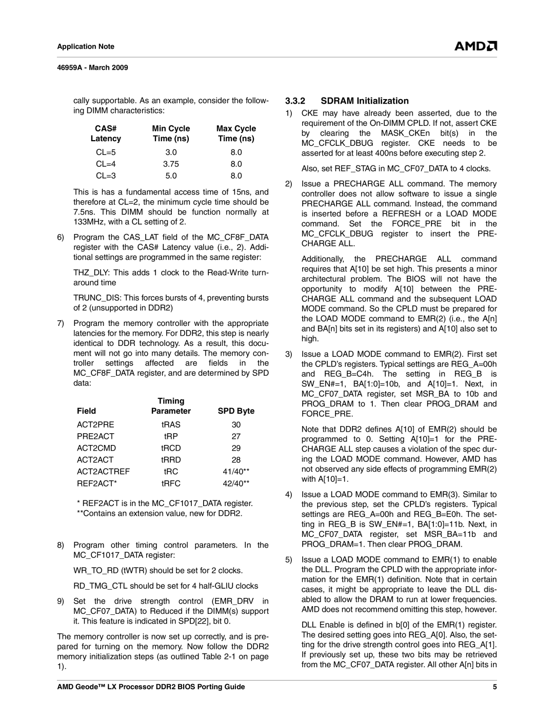 AMD CS5536 manual Sdram Initialization, Cas#, Min Cycle Max Cycle Latency Time ns, Timing Field, SPD Byte 