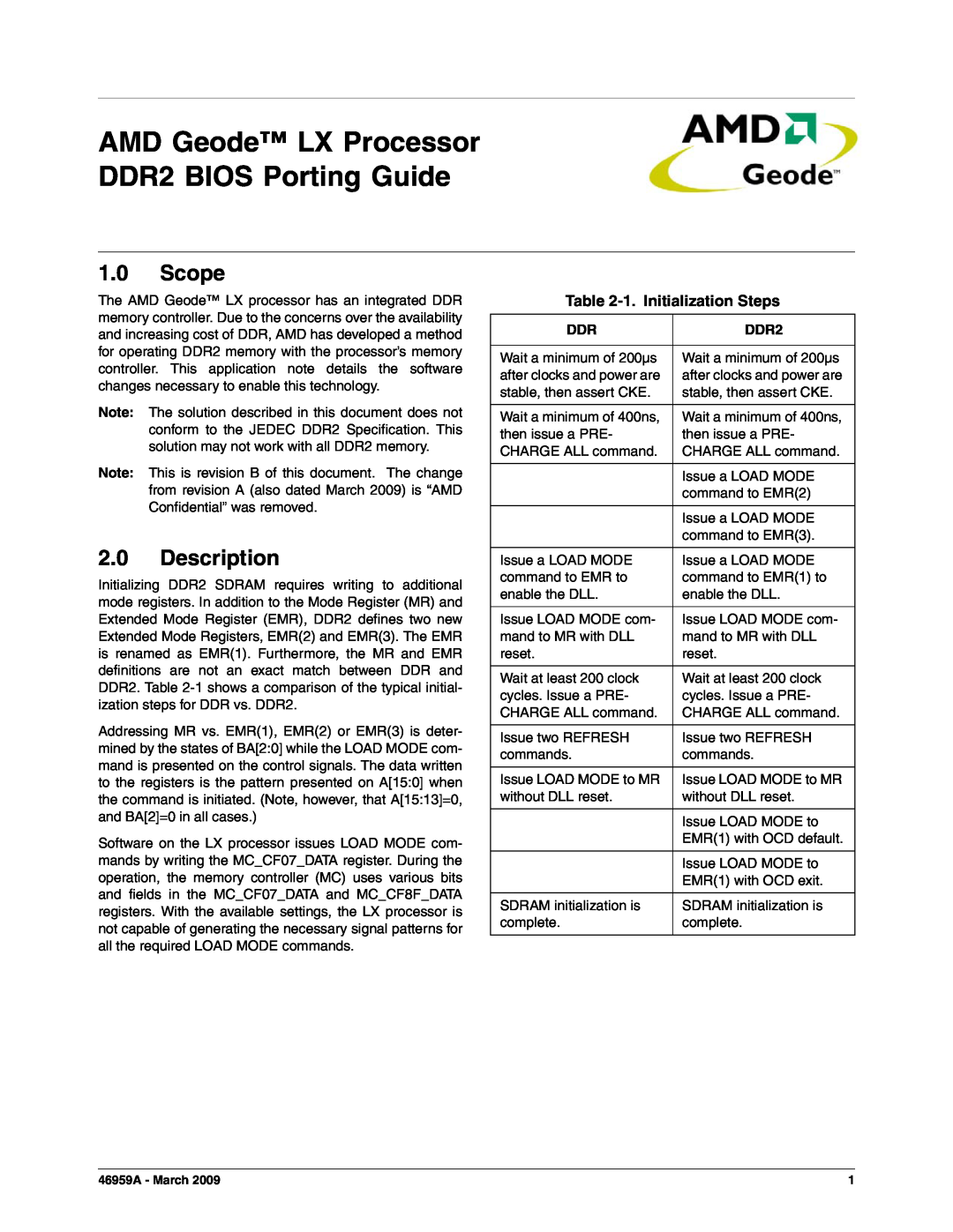 AMD CS5536 manual Scope, Description, 1. Initialization Steps, AMD Geode LX Processor DDR2 BIOS Porting Guide 