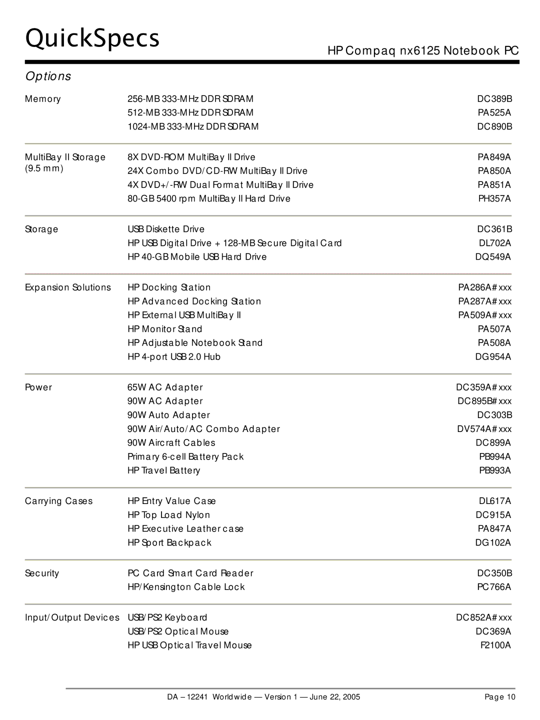 AMD DA - 12241 Memory, MultiBay II Storage, Expansion Solutions, Power, Carrying Cases, Security, Input/Output Devices 