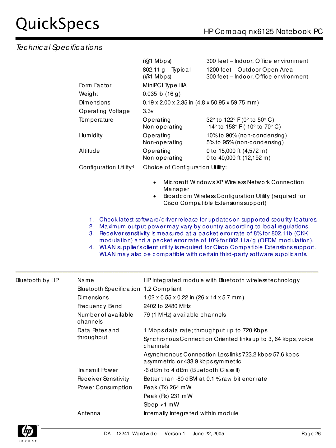 AMD DA - 12241 manual Operating Voltage Temperature, Configuration Utility, Bluetooth by HP Name, Bluetooth Specification 