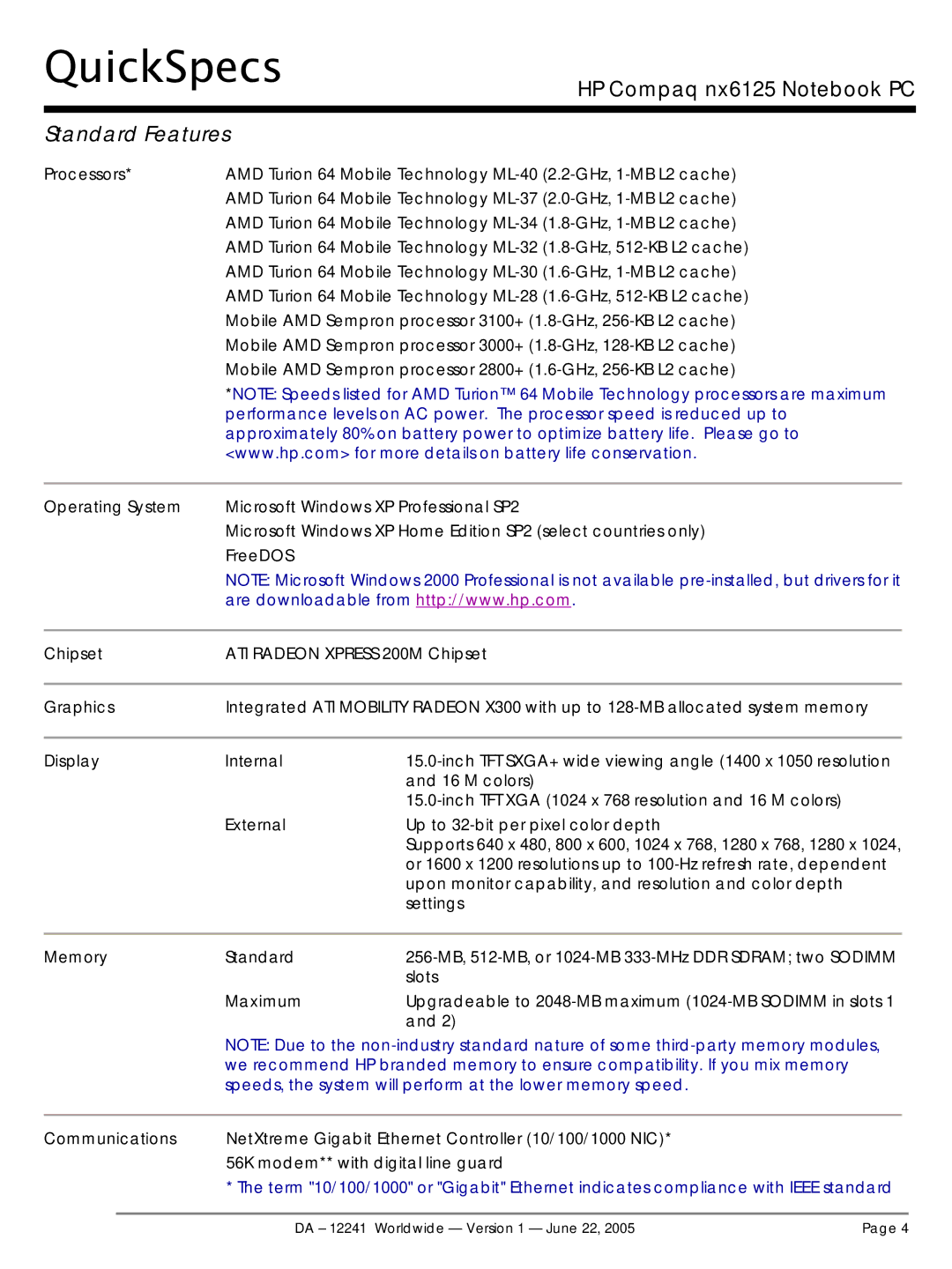 AMD DA - 12241 manual Processors, Operating System, Chipset, Graphics, Display Internal, External, Memory Standard, Maximum 