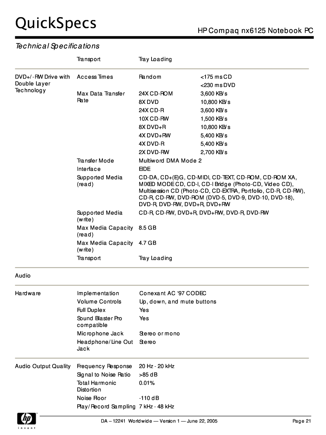 AMD DA - 12241 manual QuickSpecs, HP Compaq nx6125 Notebook PC, Technical Specifications 