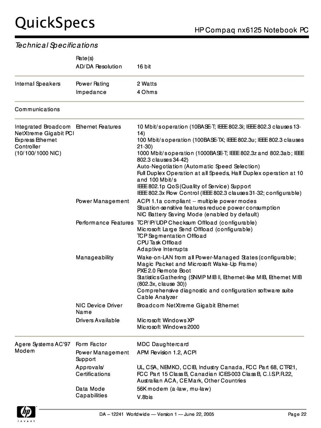 AMD DA - 12241 manual QuickSpecs, HP Compaq nx6125 Notebook PC, Technical Specifications, 16 bit 