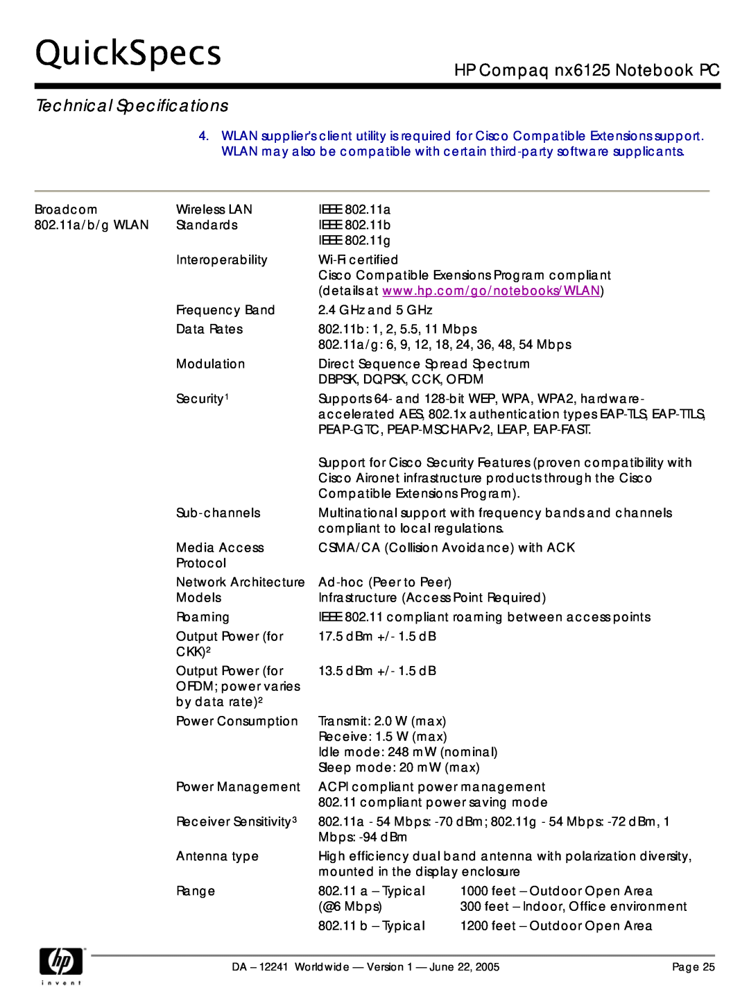 AMD DA - 12241 manual QuickSpecs, HP Compaq nx6125 Notebook PC, Technical Specifications 