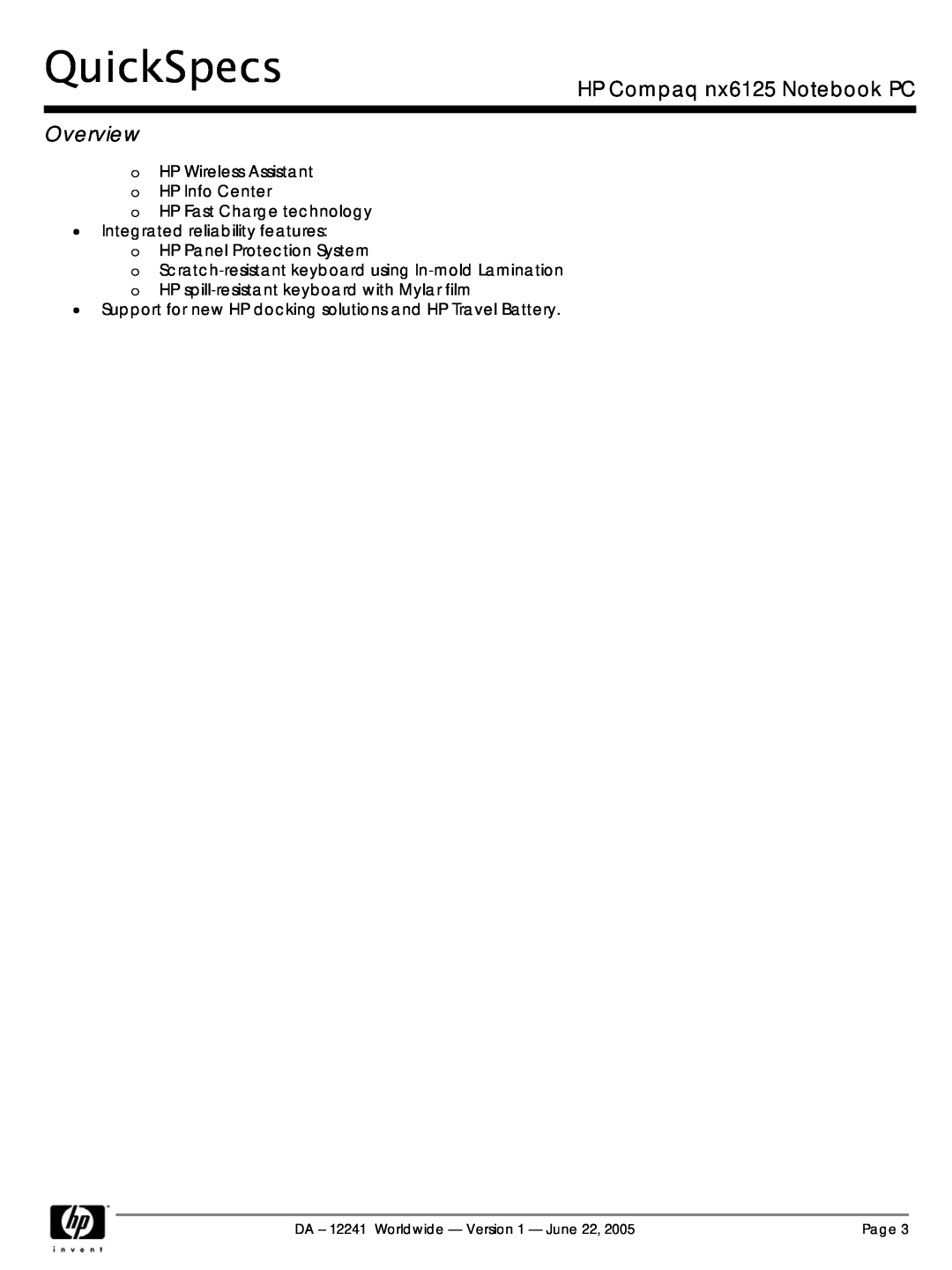 AMD manual QuickSpecs, HP Compaq nx6125 Notebook PC, Overview, DA - 12241 Worldwide - Version 1 - June 22, Page 