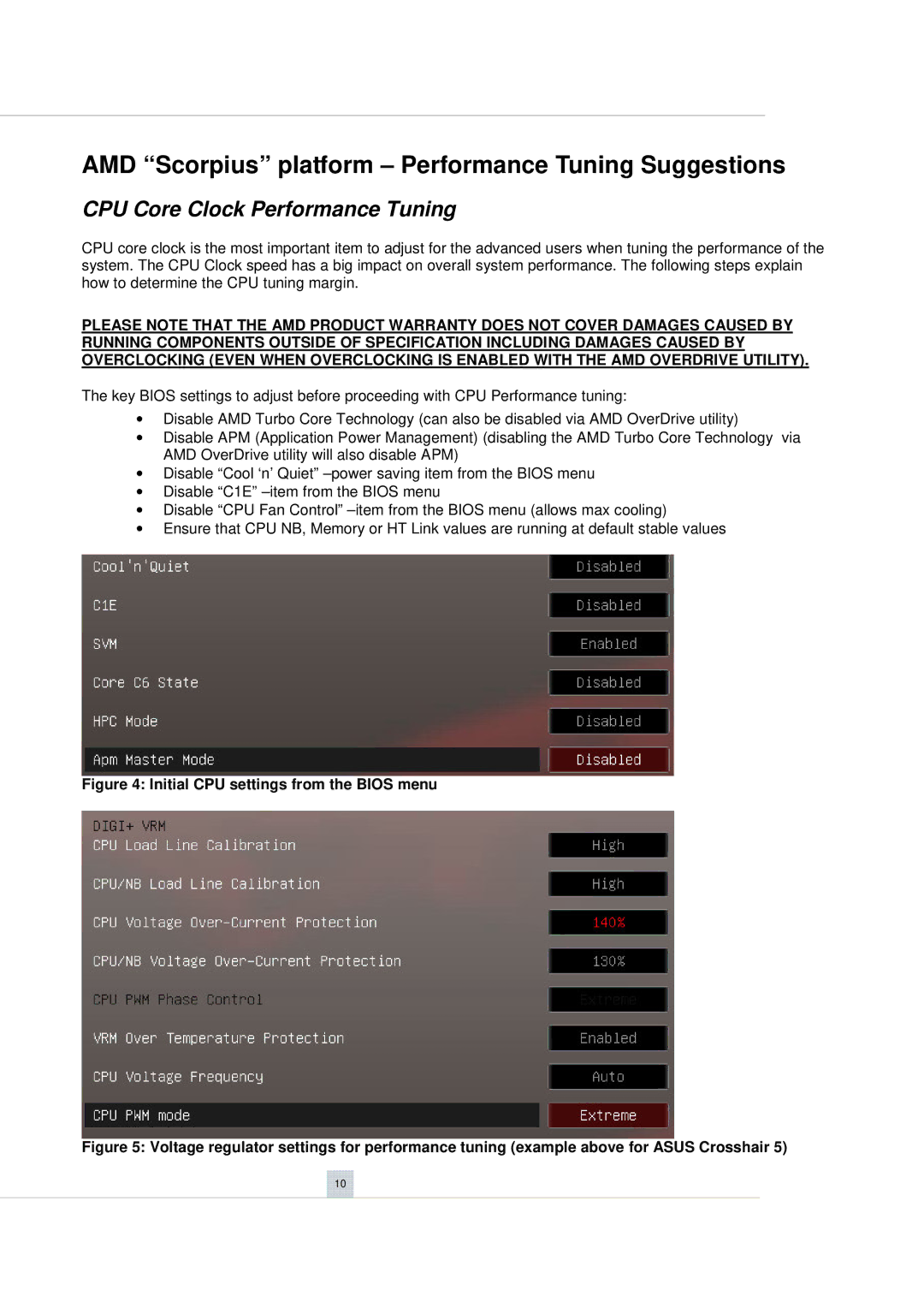 AMD FD9370FHHKWOF manual AMD Scorpius platform Performance Tuning Sugges tions, CPU Core Clock Performance Tuning 