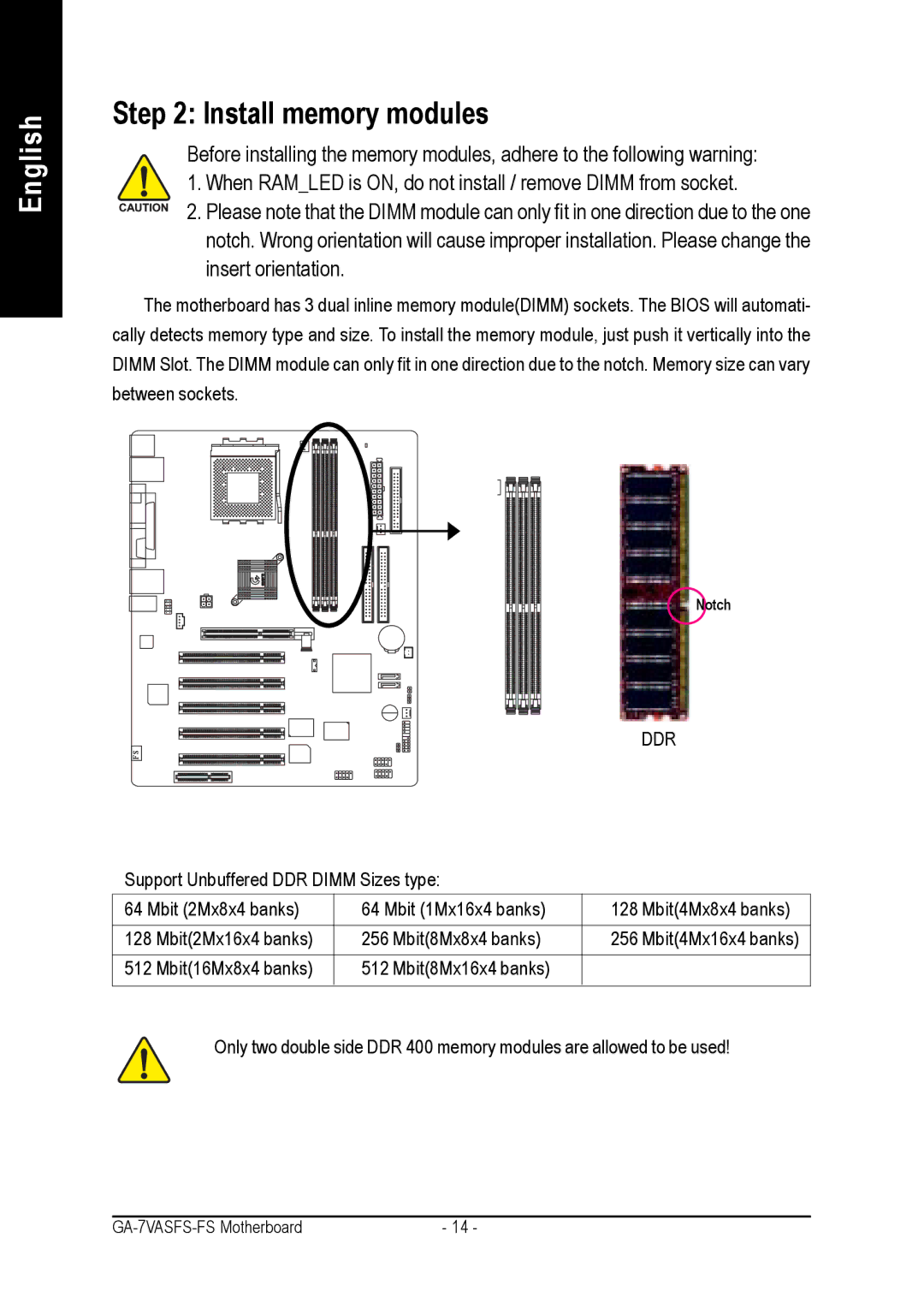 AMD GA-7VASFS-FS user manual Install memory modules 