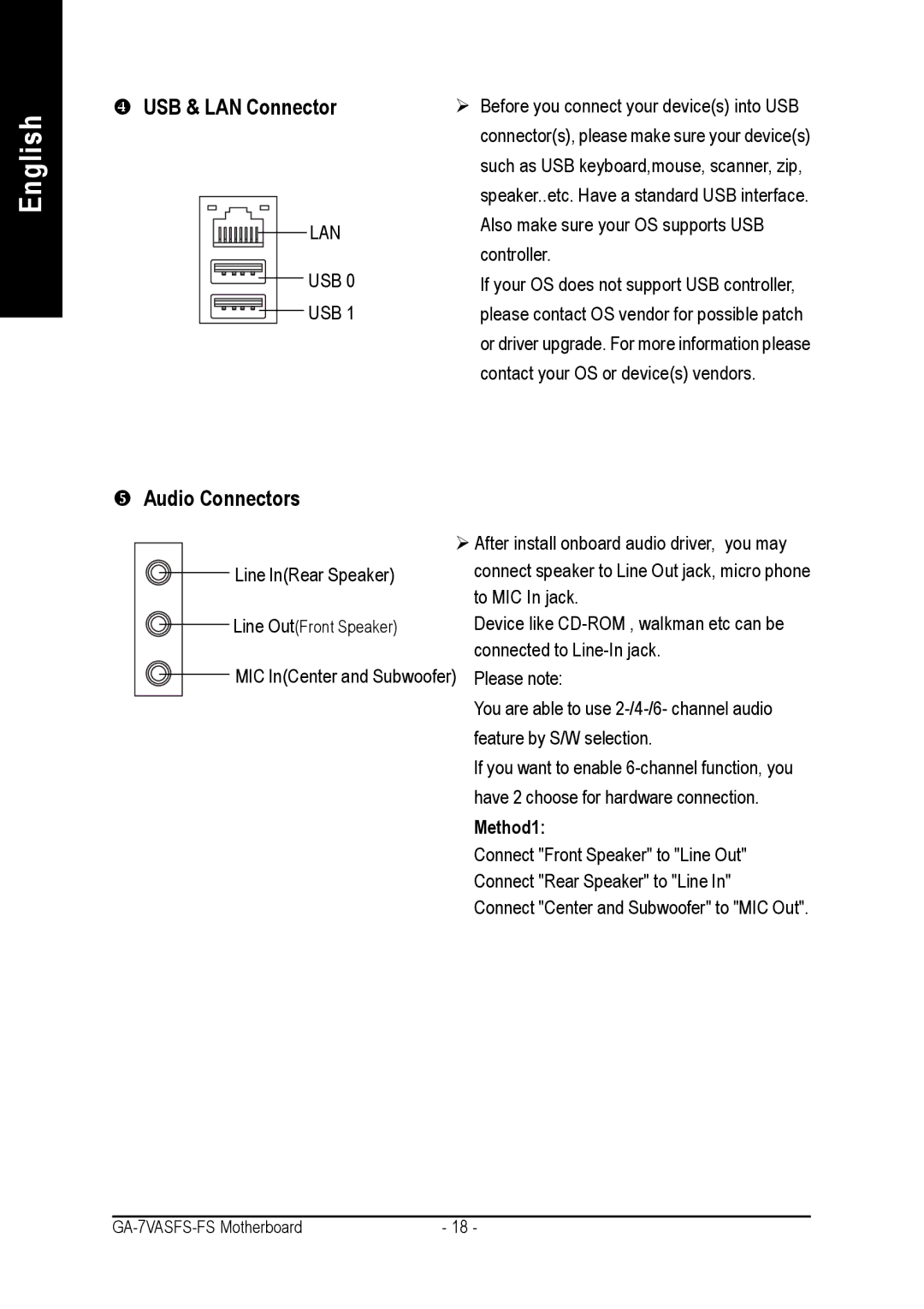 AMD GA-7VASFS-FS user manual USB & LAN Connector, Audio Connectors 