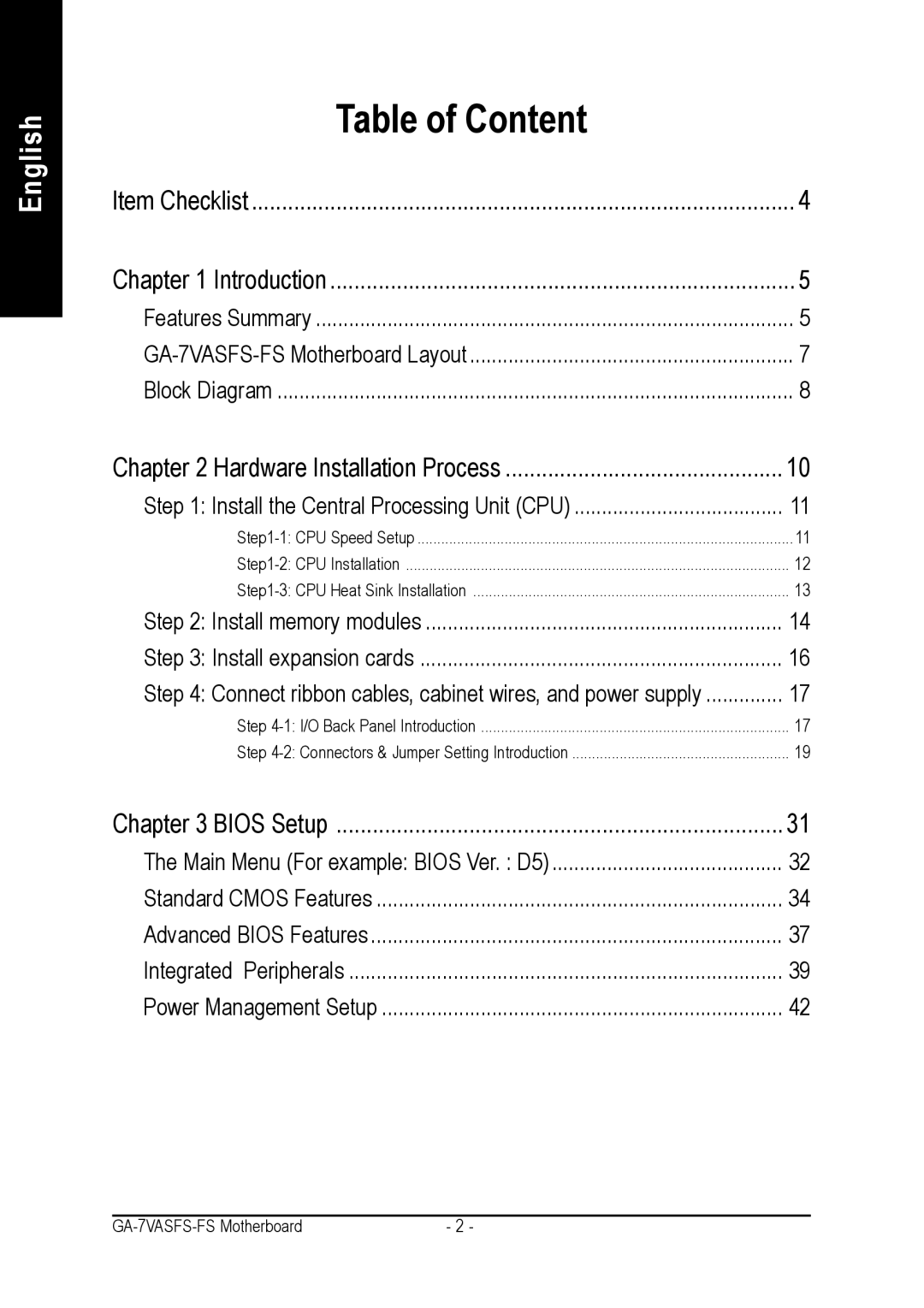 AMD GA-7VASFS-FS user manual Table of Content 