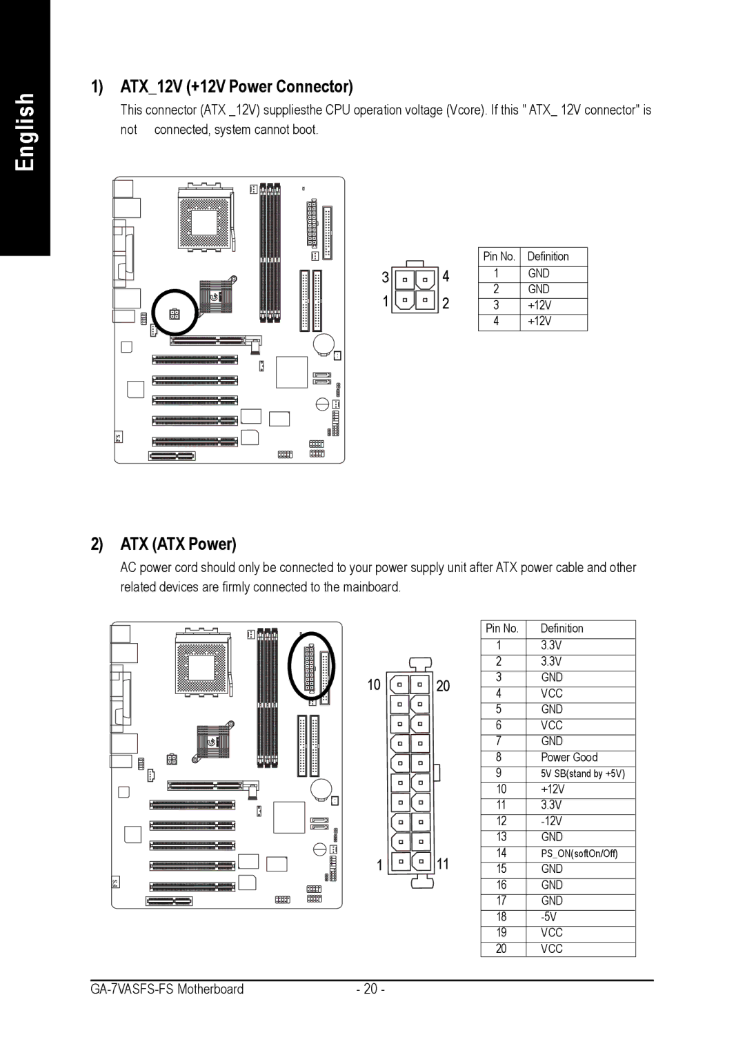 AMD GA-7VASFS-FS user manual ATX12V +12V Power Connector, ATX ATX Power 