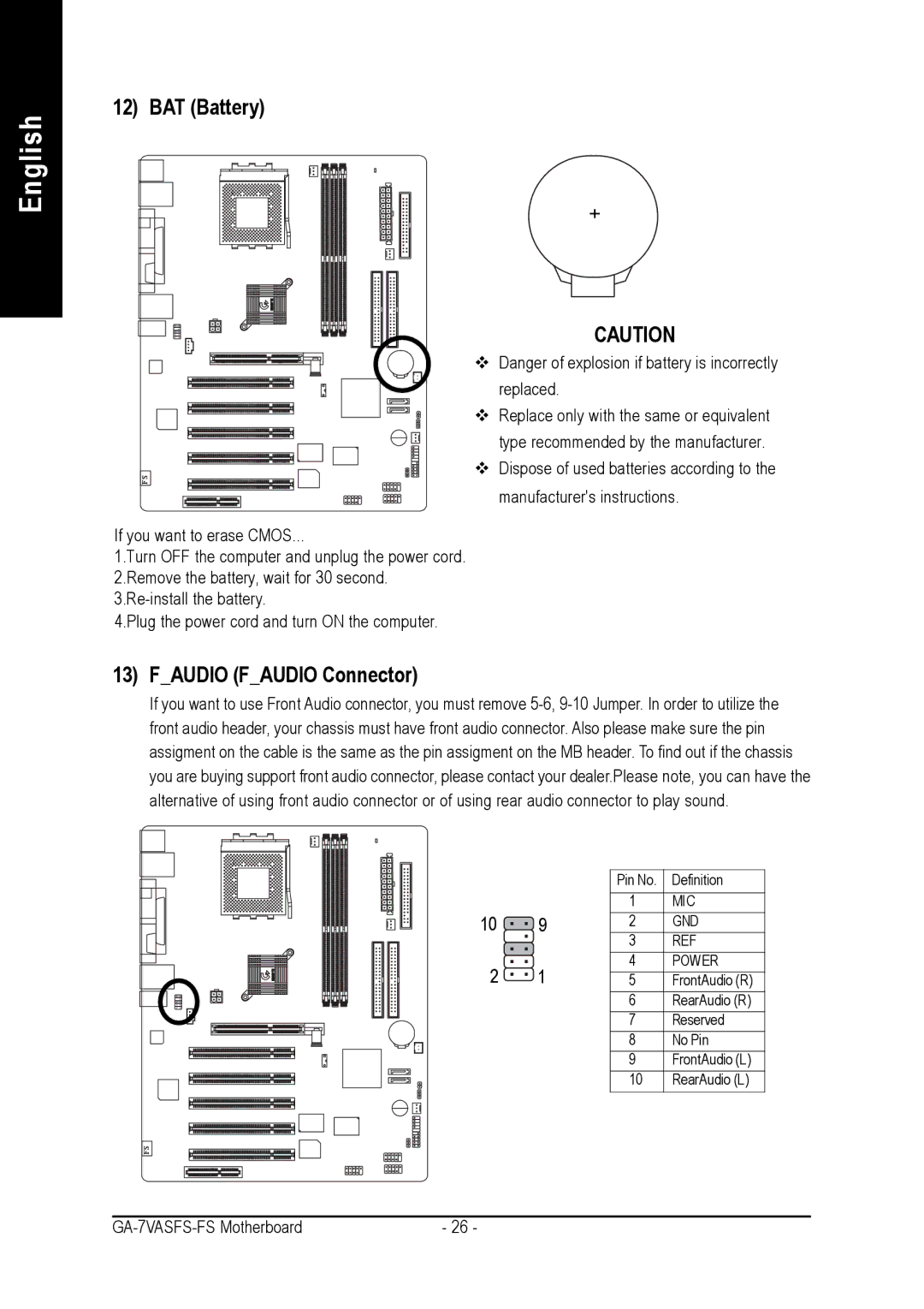 AMD GA-7VASFS-FS user manual BAT Battery, Faudio Faudio Connector 