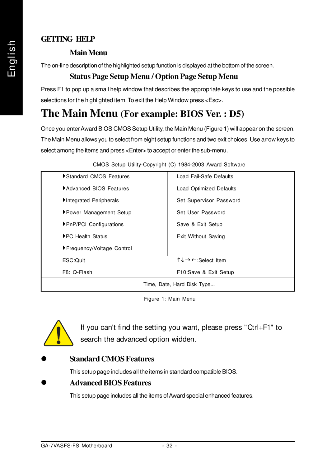 AMD GA-7VASFS-FS user manual Main Menu, Status Page Setup Menu / Option Page Setup Menu, Standard Cmos Features 