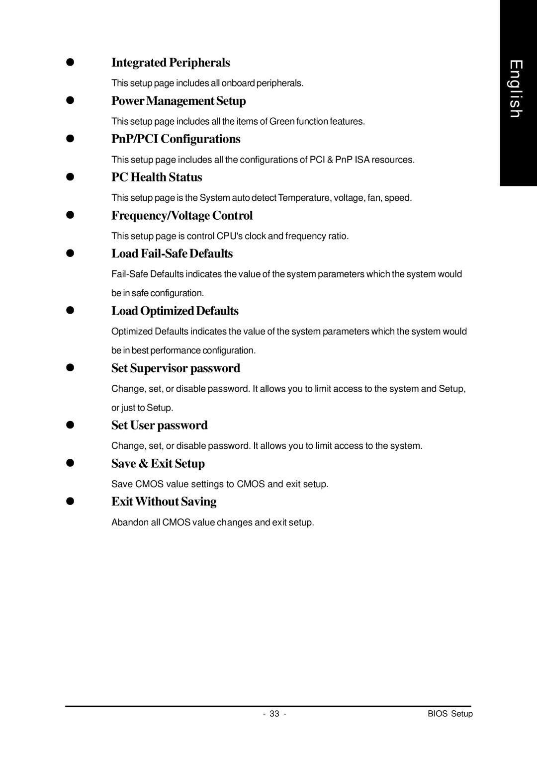 AMD GA-7VASFS-FS user manual Integrated Peripherals, Power Management Setup, PnP/PCI Configurations, PC Health Status 