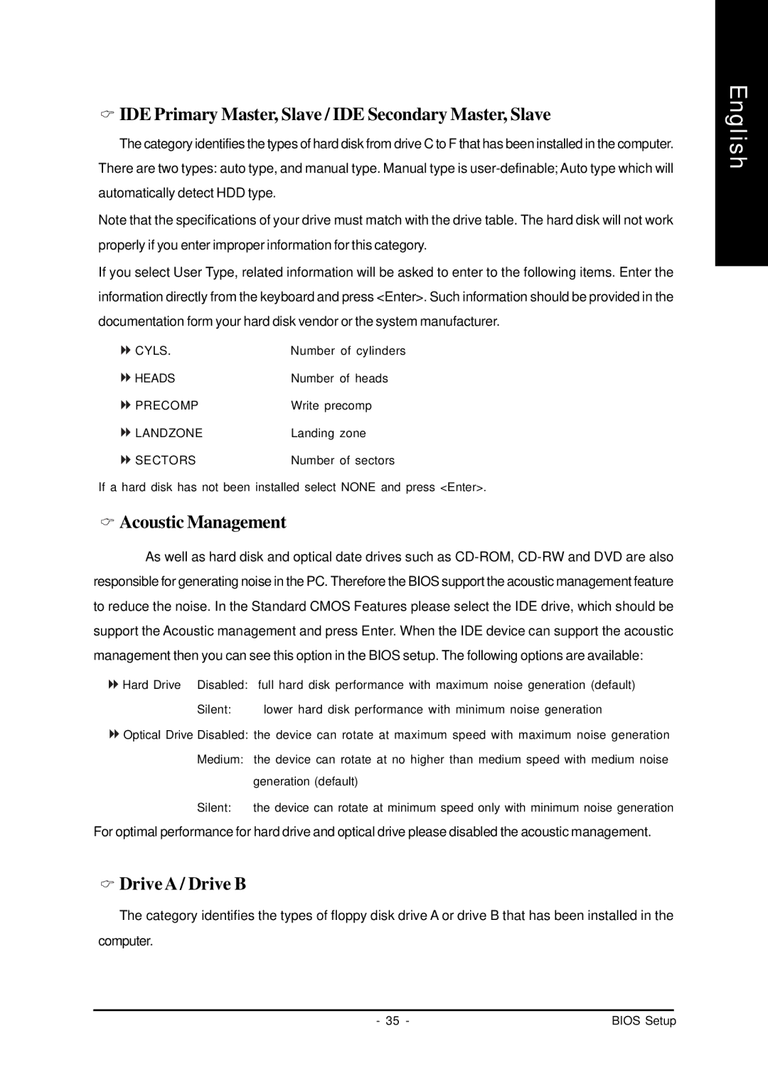 AMD GA-7VASFS-FS user manual IDE Primary Master, Slave / IDE Secondary Master, Slave, Acoustic Management, DriveA / Drive B 