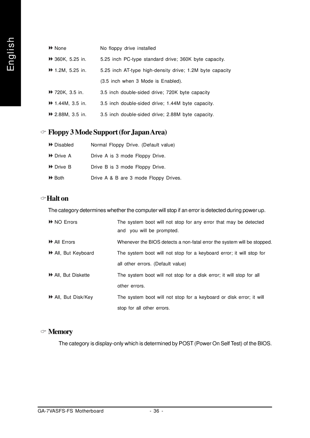 AMD GA-7VASFS-FS user manual Floppy 3 Mode Support for JapanArea, Halt on, Memory 