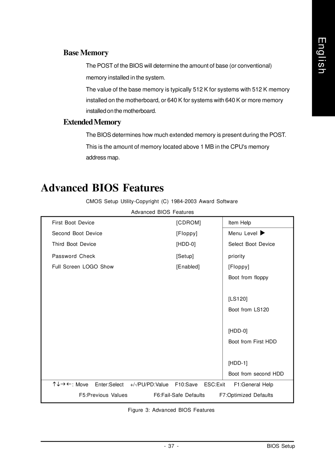 AMD GA-7VASFS-FS user manual Advanced Bios Features, Base Memory, ExtendedMemory 