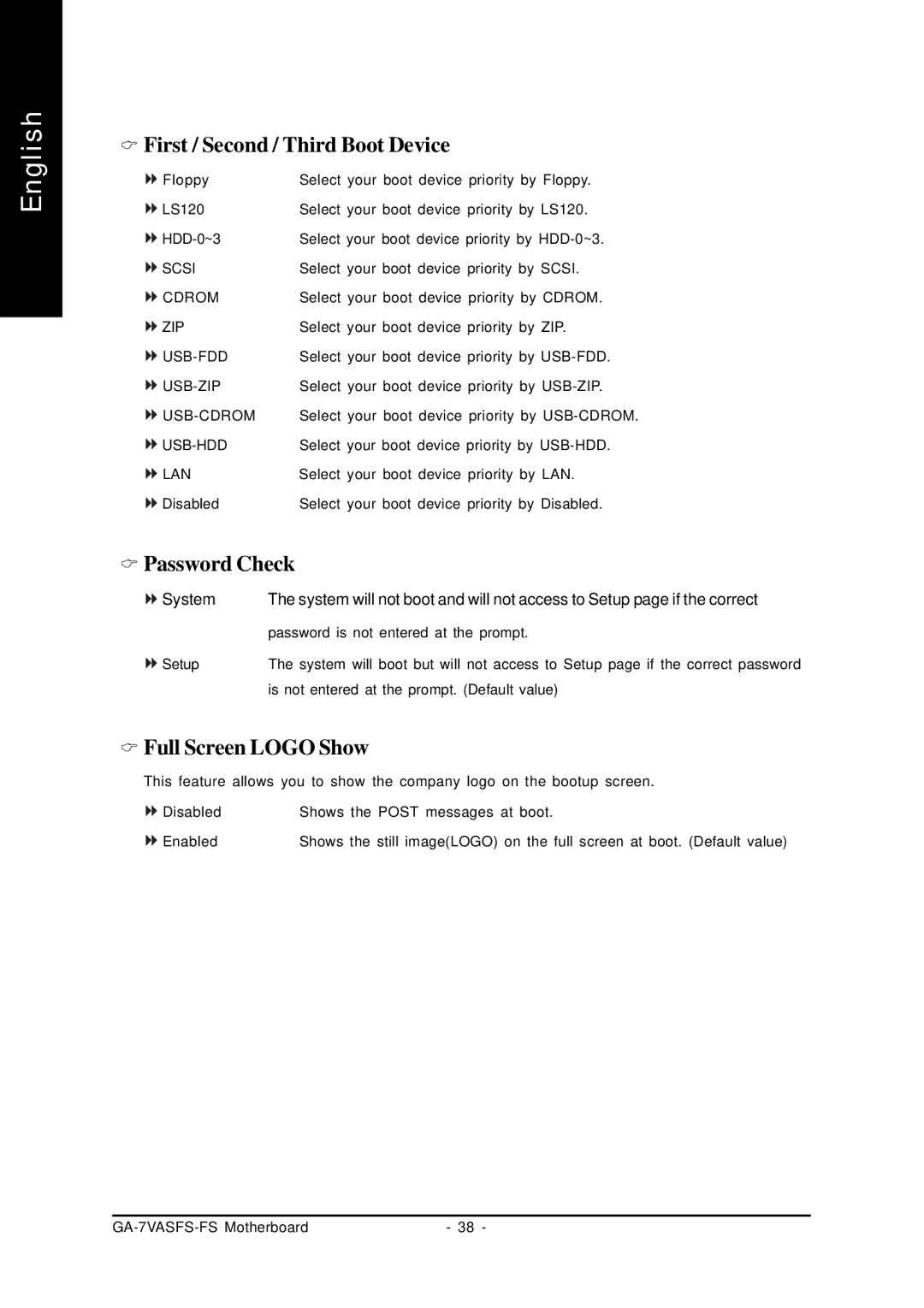 AMD GA-7VASFS-FS user manual First / Second / Third Boot Device, Password Check, Full Screen Logo Show 