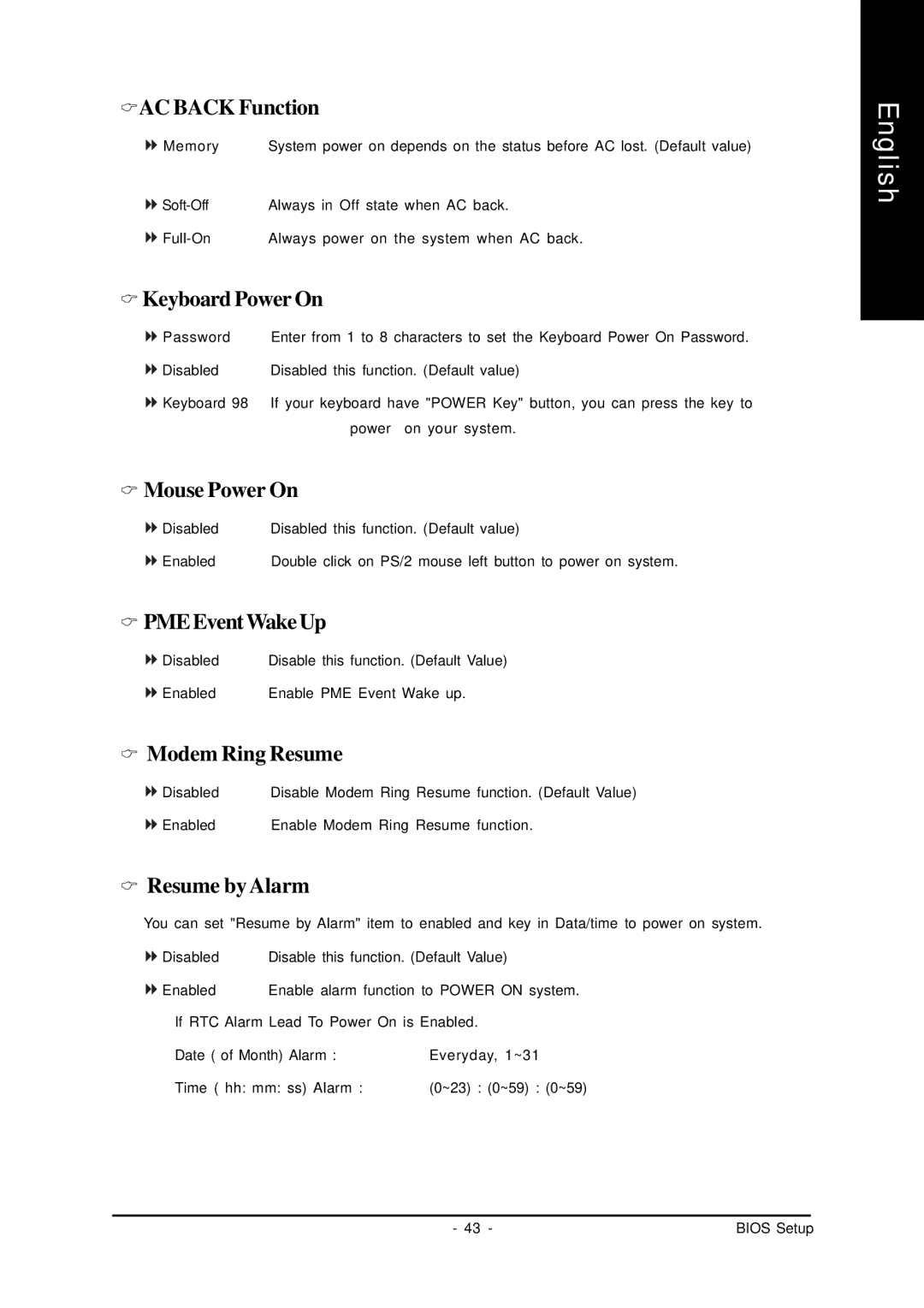 AMD GA-7VASFS-FS AC Back Function, Keyboard Power On, Mouse Power On, PMEEventWakeUp, Modem Ring Resume, Resume by Alarm 