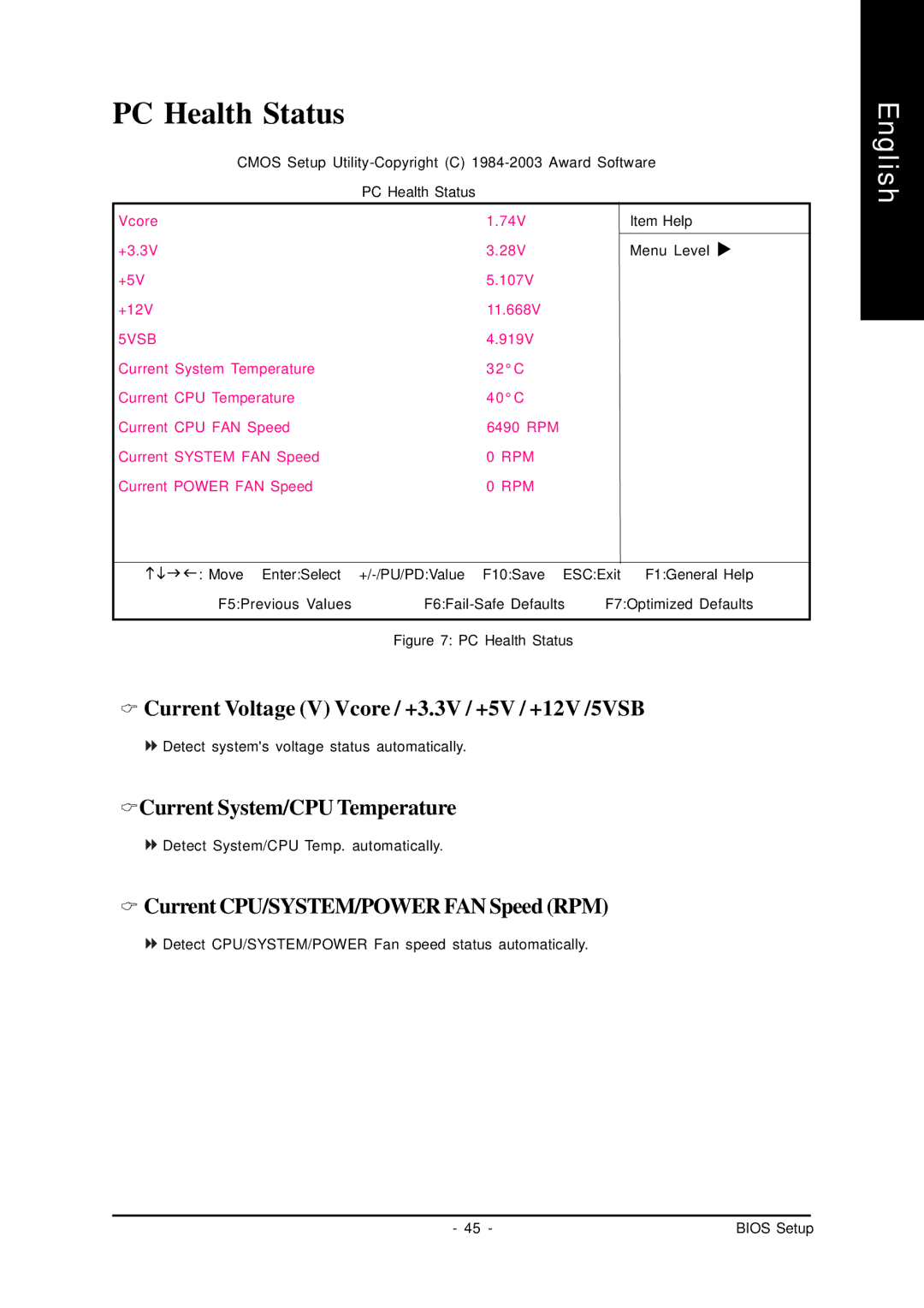 AMD GA-7VASFS-FS PC Health Status, Current Voltage V Vcore / +3.3V / +5V / +12V /5VSB, Current System/CPU Temperature 