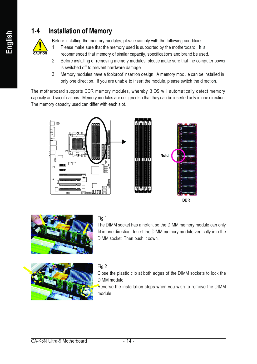 AMD GA-K8N ULTRA-9 user manual Installation of Memory 