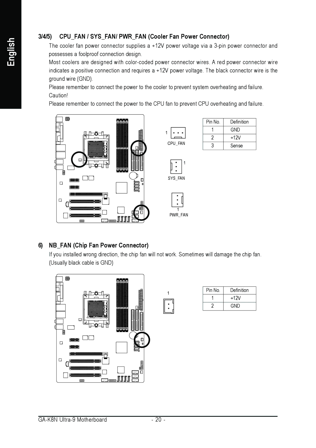 AMD GA-K8N ULTRA-9 user manual Cpufan / SYSFAN/ Pwrfan Cooler Fan Power Connector, Nbfan Chip Fan Power Connector 