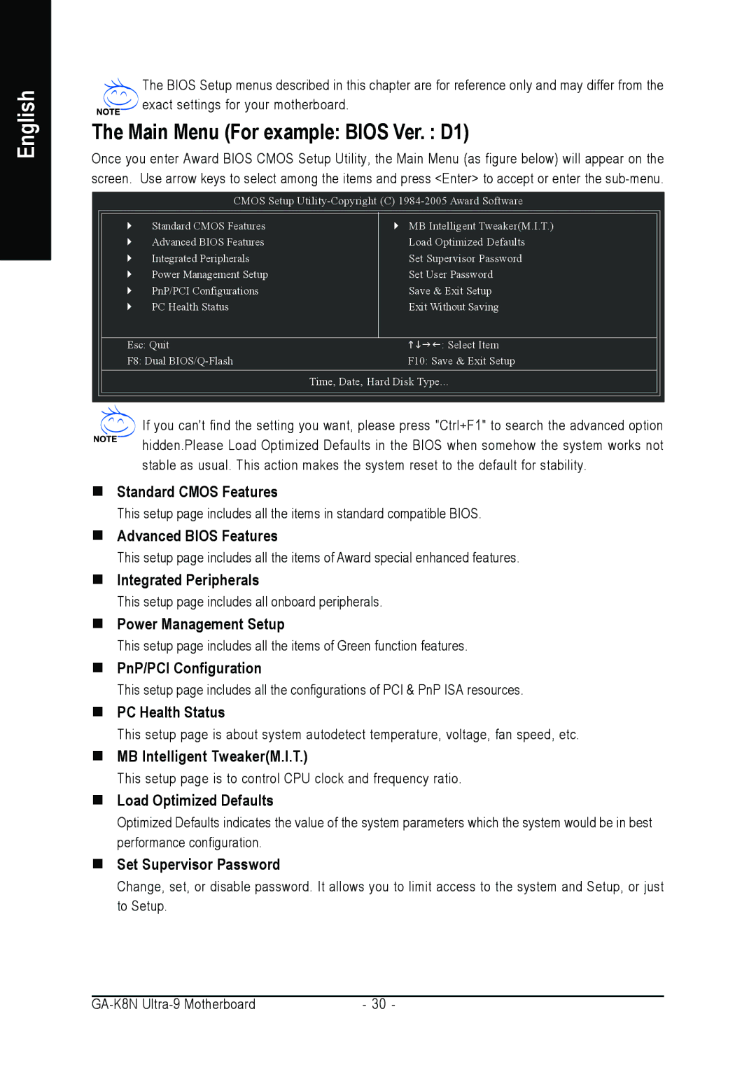 AMD GA-K8N ULTRA-9 user manual Main Menu For example Bios Ver. D1 