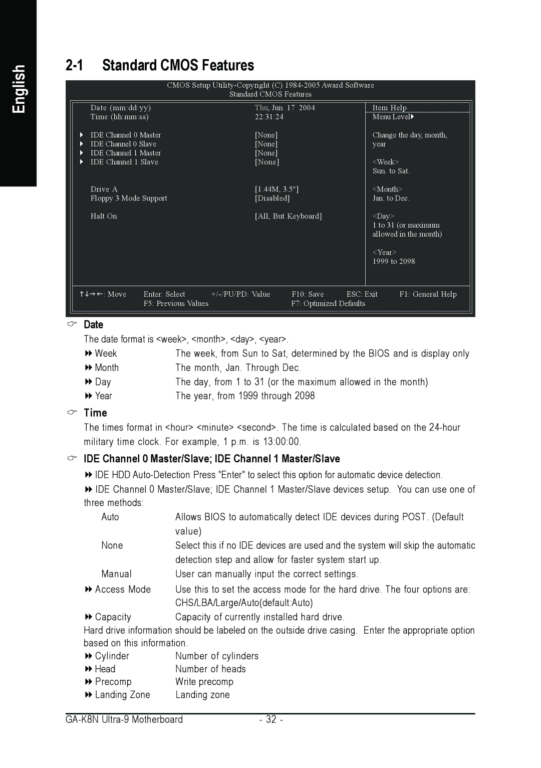 AMD GA-K8N ULTRA-9 user manual Standard Cmos Features, Time, IDE Channel 0 Master/Slave IDE Channel 1 Master/Slave 