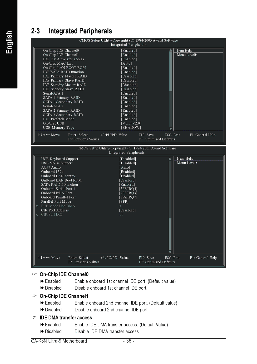 AMD GA-K8N ULTRA-9 user manual Integrated Peripherals, On-Chip IDE Channel0, On-Chip IDE Channel1, IDE DMA transfer access 