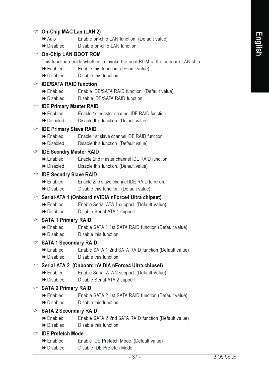 AMD GA-K8N ULTRA-9 user manual On-Chip MAC Lan LAN, On-Chip LAN Boot ROM, IDE/SATA RAID function, IDE Primary Master RAID 