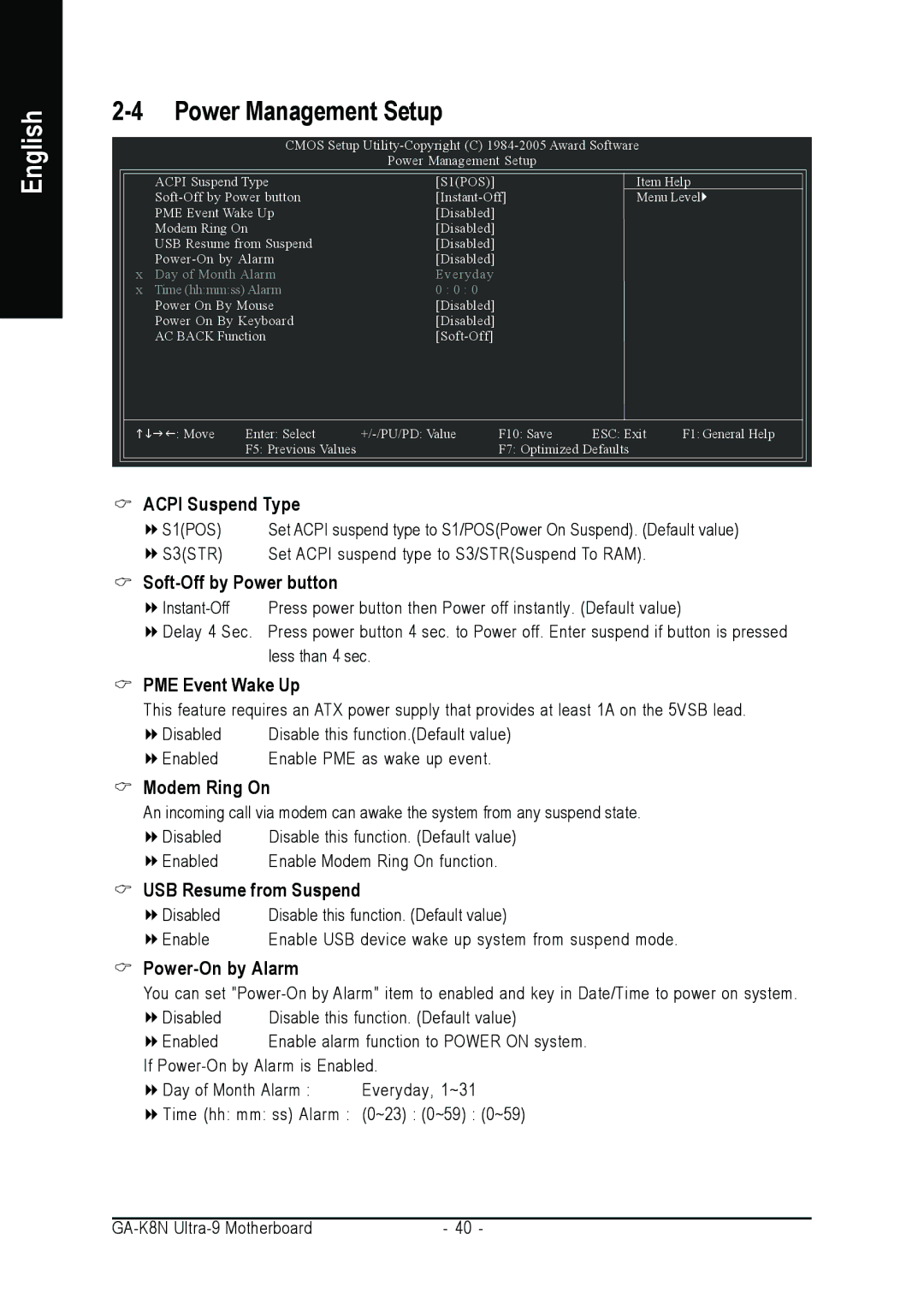 AMD GA-K8N ULTRA-9 Power Management Setup, PME Event Wake Up, Modem Ring On, USB Resume from Suspend, Power-On by Alarm 