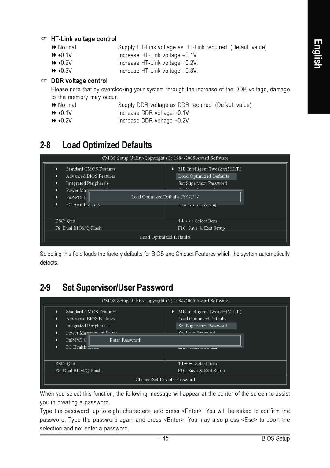 AMD GA-K8N ULTRA-9 Load Optimized Defaults, Set Supervisor/User Password, HT-Link voltage control, DDR voltage control 