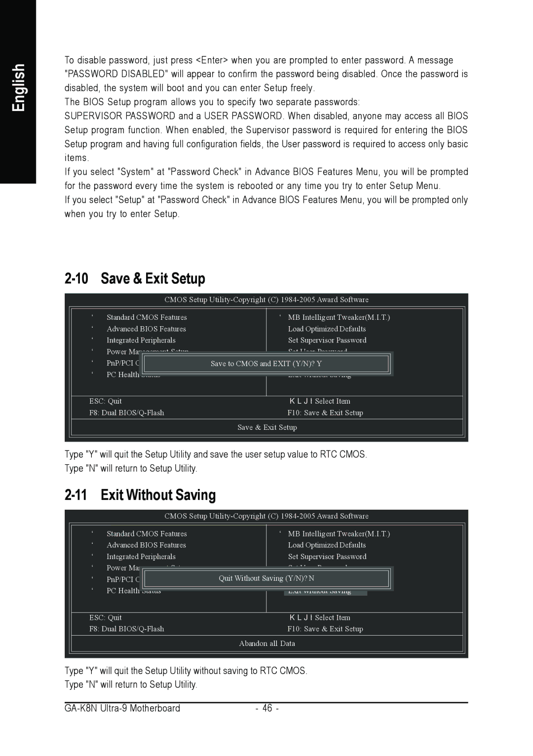 AMD GA-K8N ULTRA-9 user manual Save & Exit Setup, Exit Without Saving 