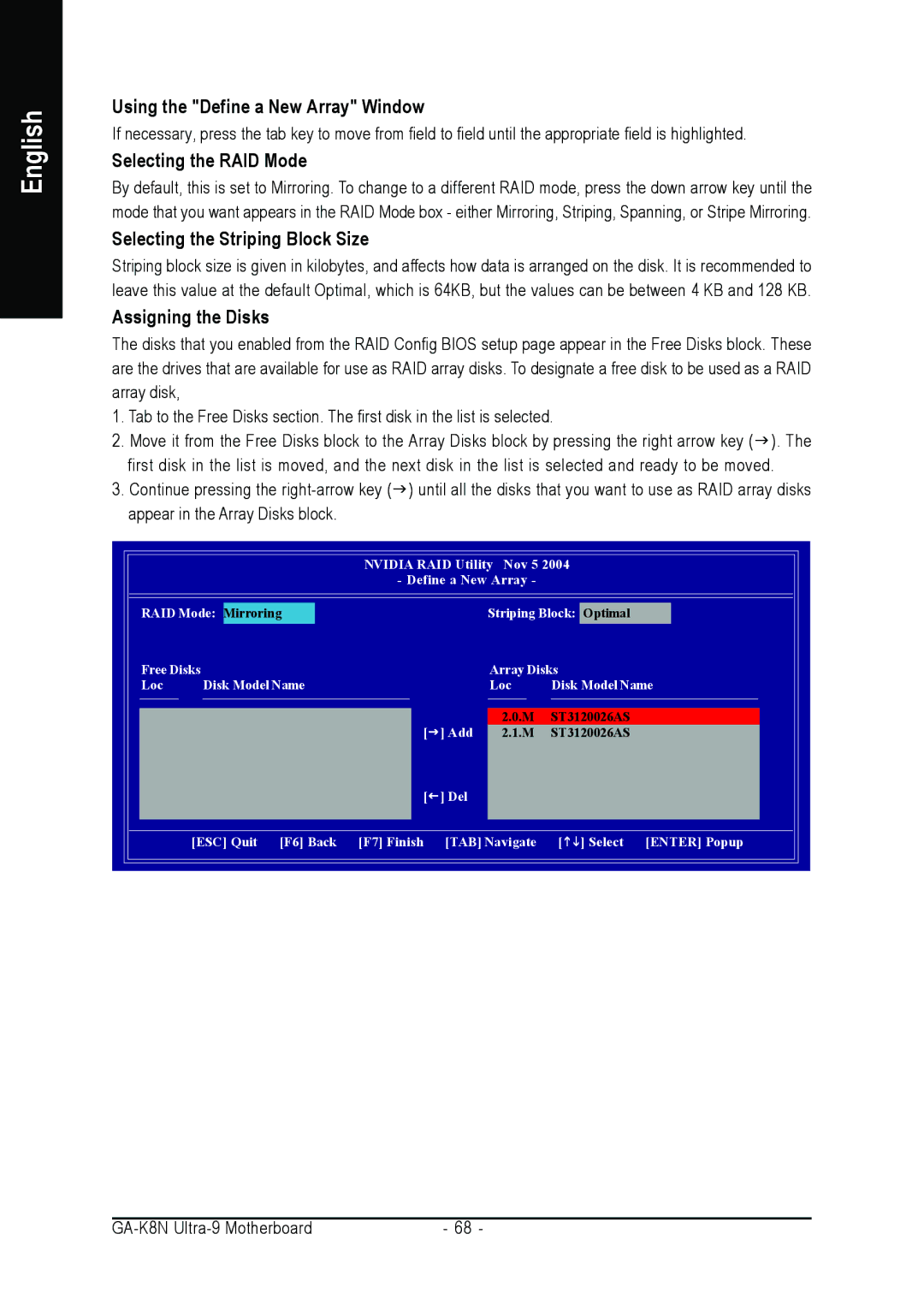 AMD GA-K8N ULTRA-9 Using the Define a New Array Window, Selecting the RAID Mode, Selecting the Striping Block Size 