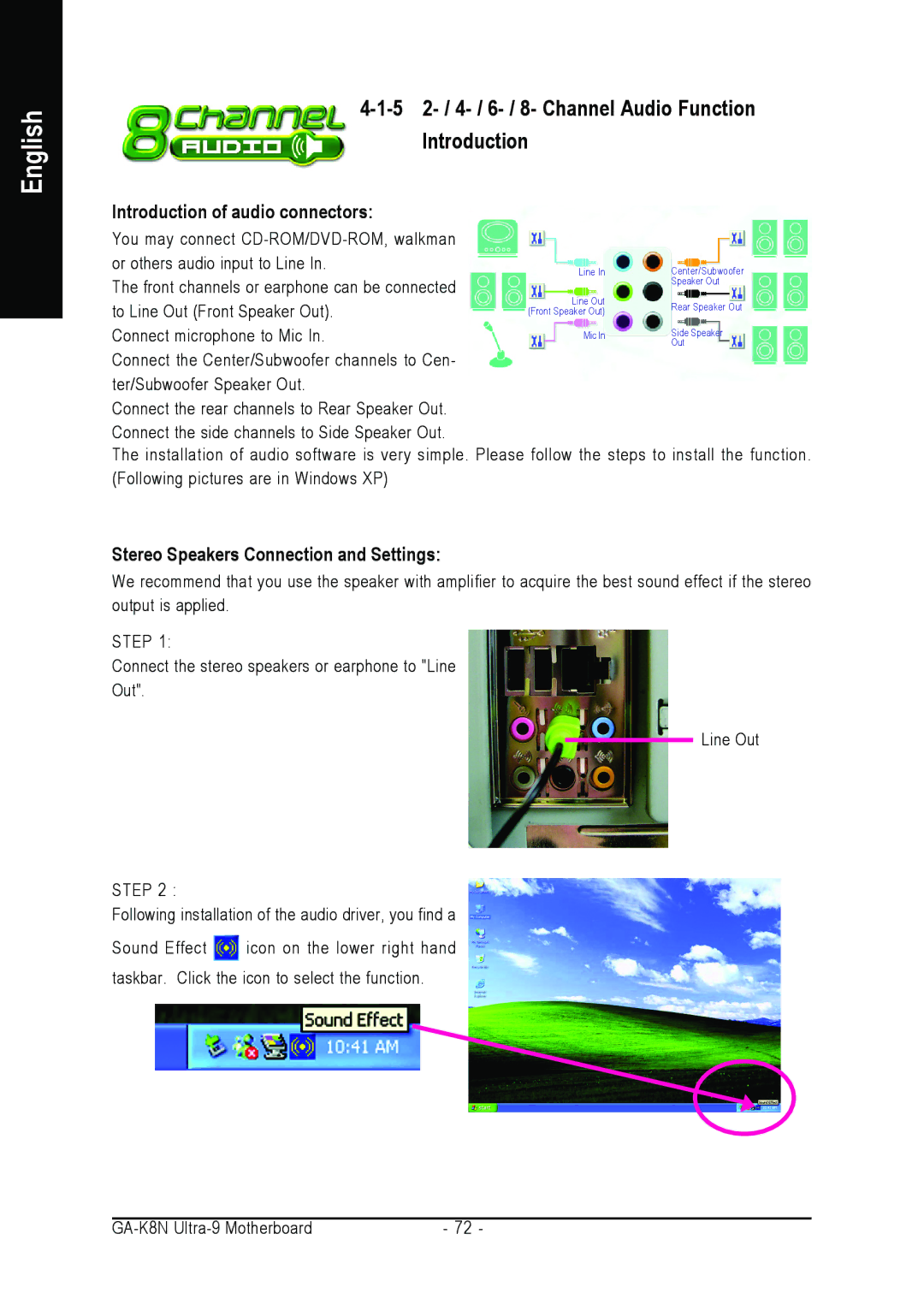 AMD GA-K8N ULTRA-9 user manual 5 2- / 4- / 6- / 8- Channel Audio Function Introduction, Introduction of audio connectors 