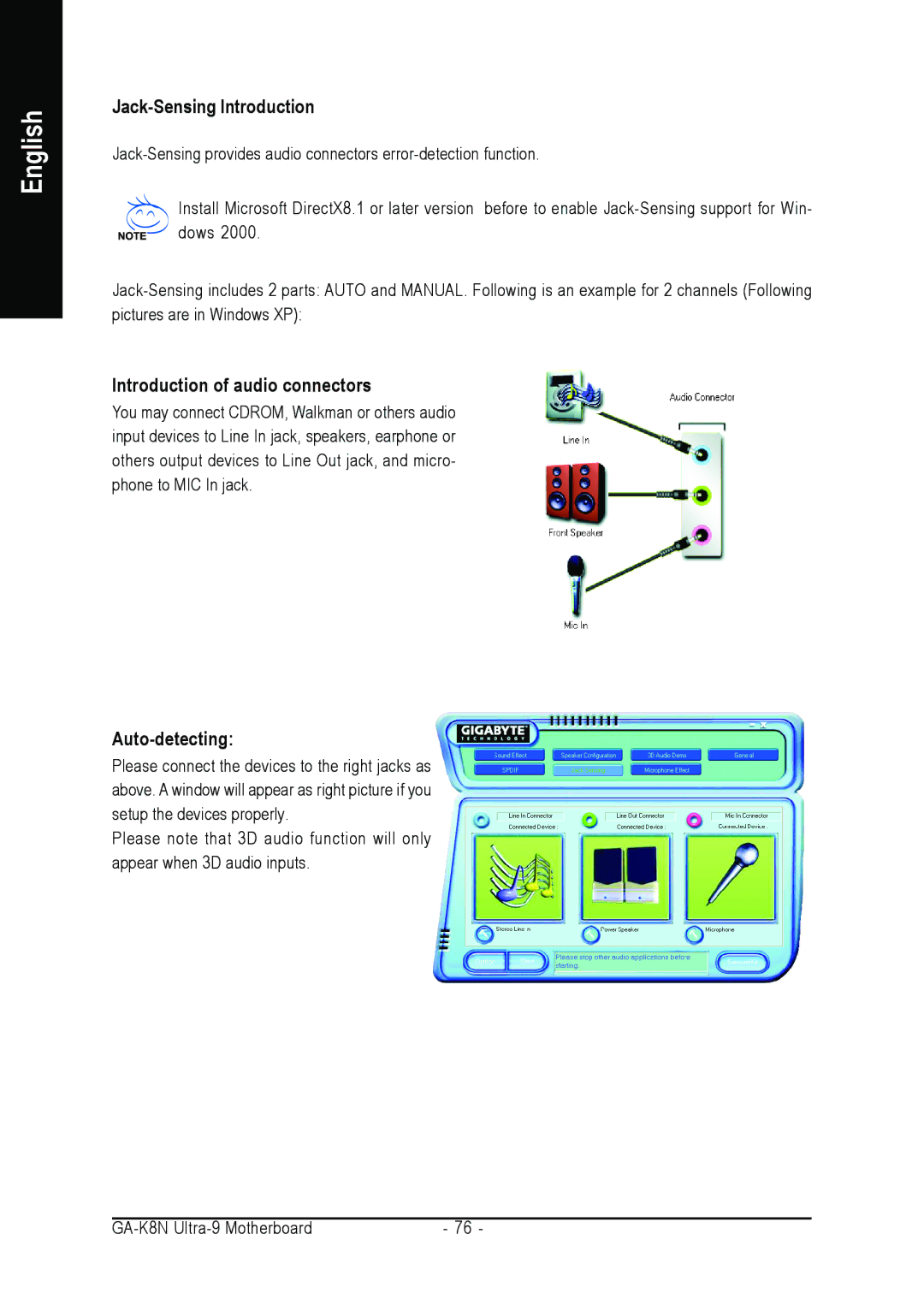 AMD GA-K8N ULTRA-9 user manual Jack-Sensing Introduction, Auto-detecting 