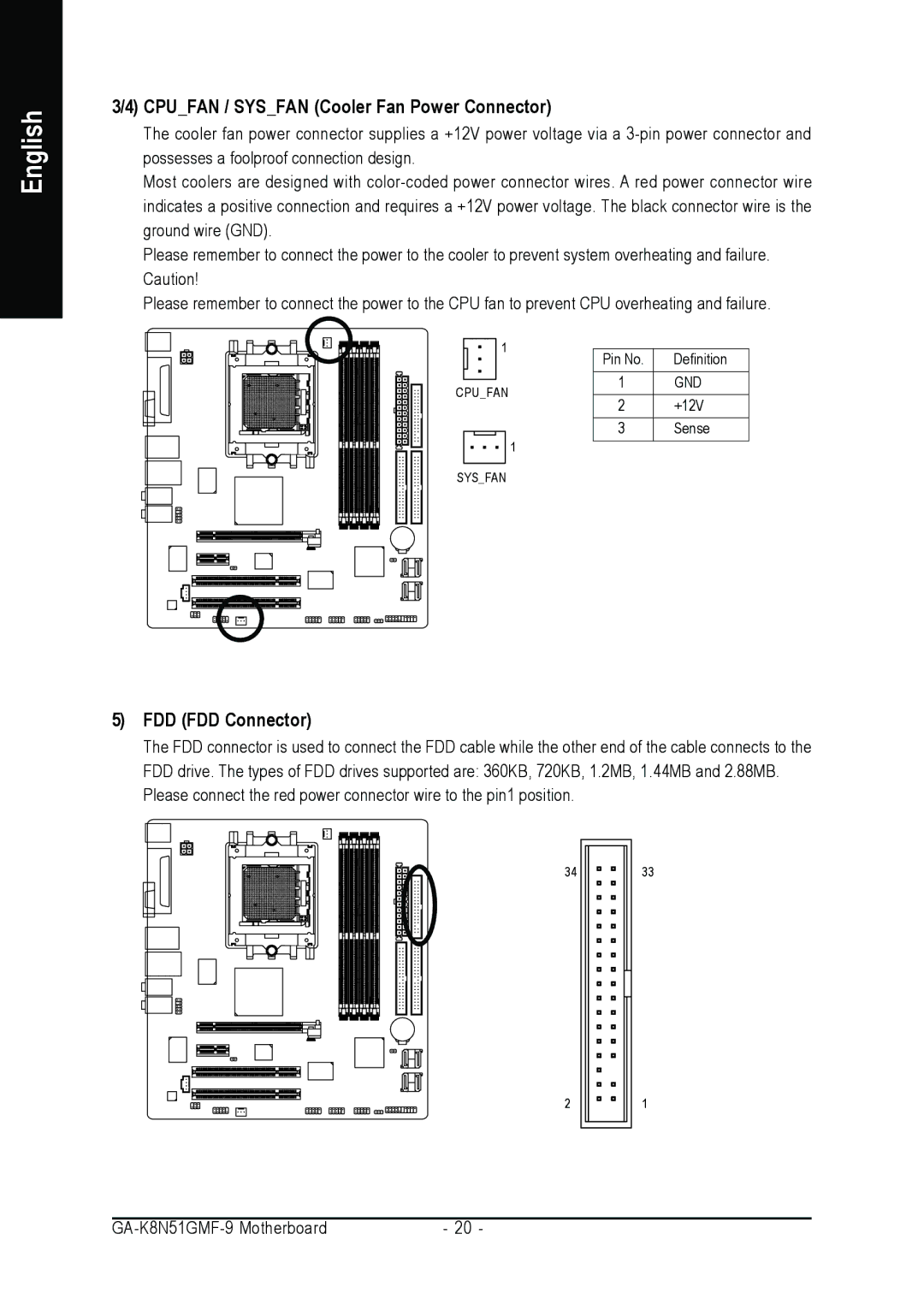 AMD GA-K8N51GMF-9 user manual Cpufan / Sysfan Cooler Fan Power Connector, FDD FDD Connector 